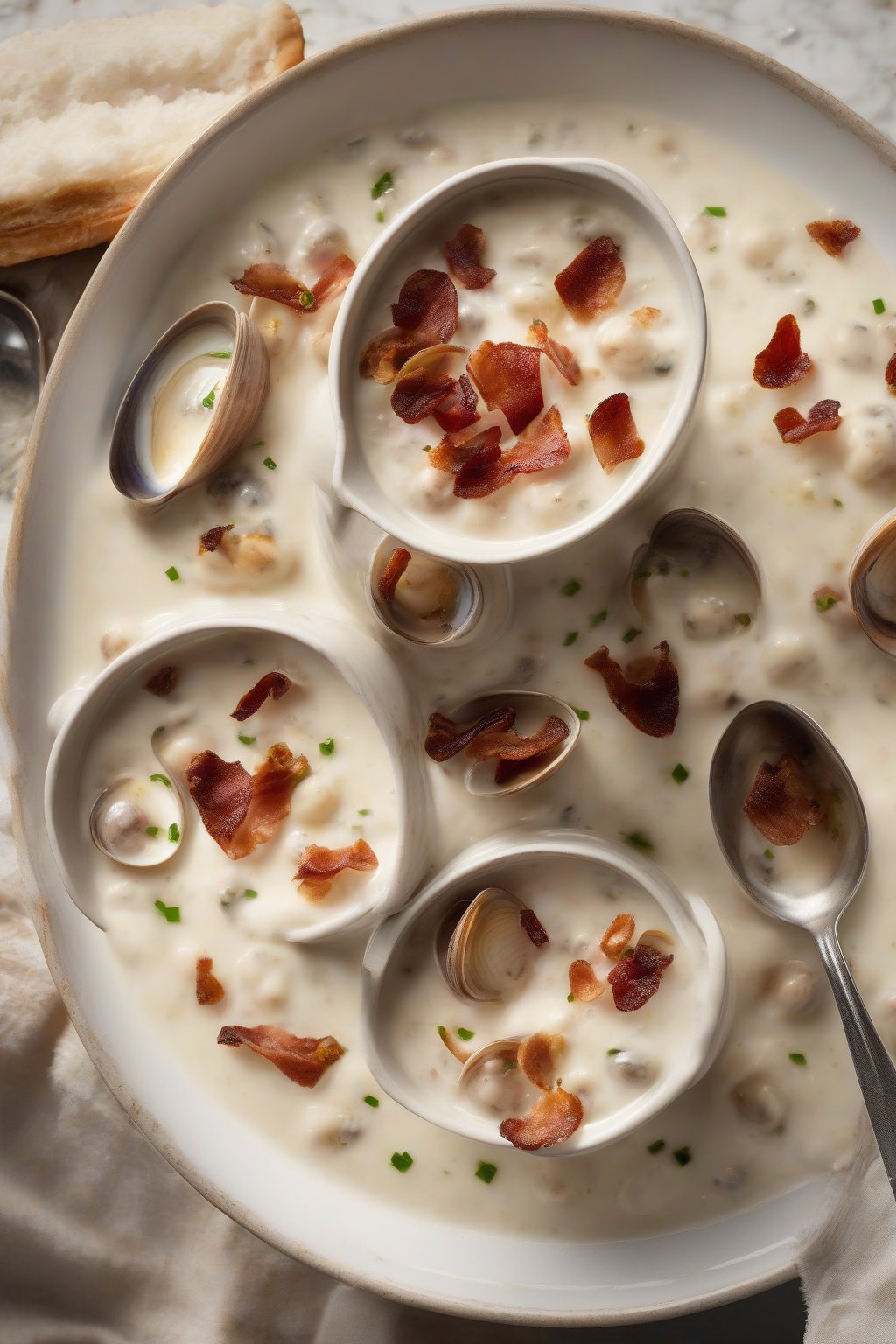 A high-resolution photo of thick clam chowder topped with crispy bacon bits and clams, creamy texture shining through, under soft lighting.
