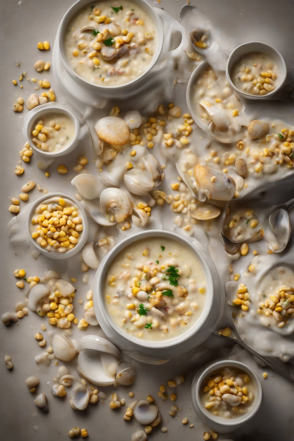 A high-resolution photo of thick corn-flecked clam chowder with visible corn kernels and clam pieces, vibrant and creamy, under soft lighting.