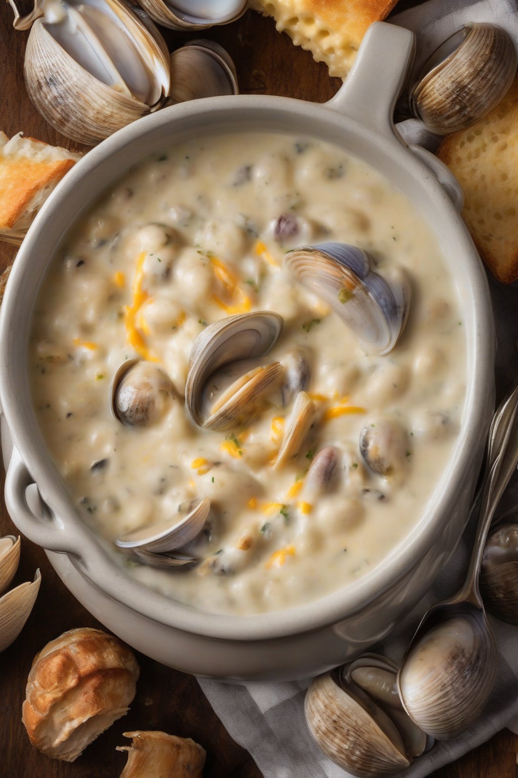 A high-resolution photo of cheesy thick clam chowder bubbling with melted cheddar strands and clams, indulgent glow, under soft lighting.