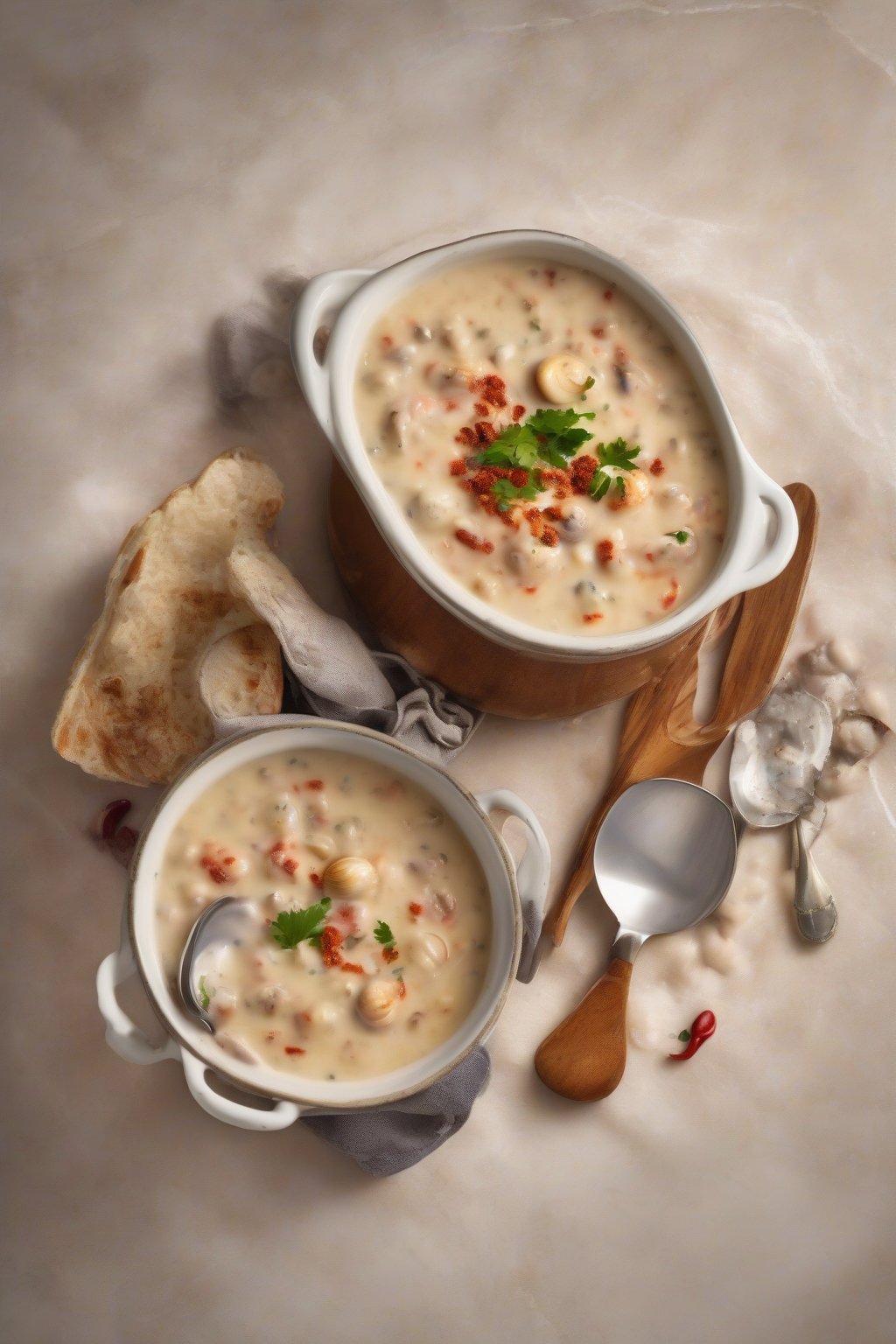A high-resolution photo of spicy thick clam chowder with red chipotle flecks and steam rising, bold and creamy, under soft lighting.