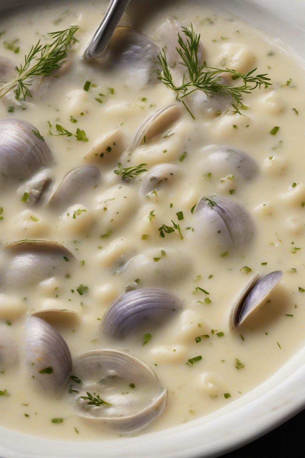A high-resolution photo of herb-dotted thick clam chowder with thyme sprigs and fennel slices, aromatic steam, under soft lighting.