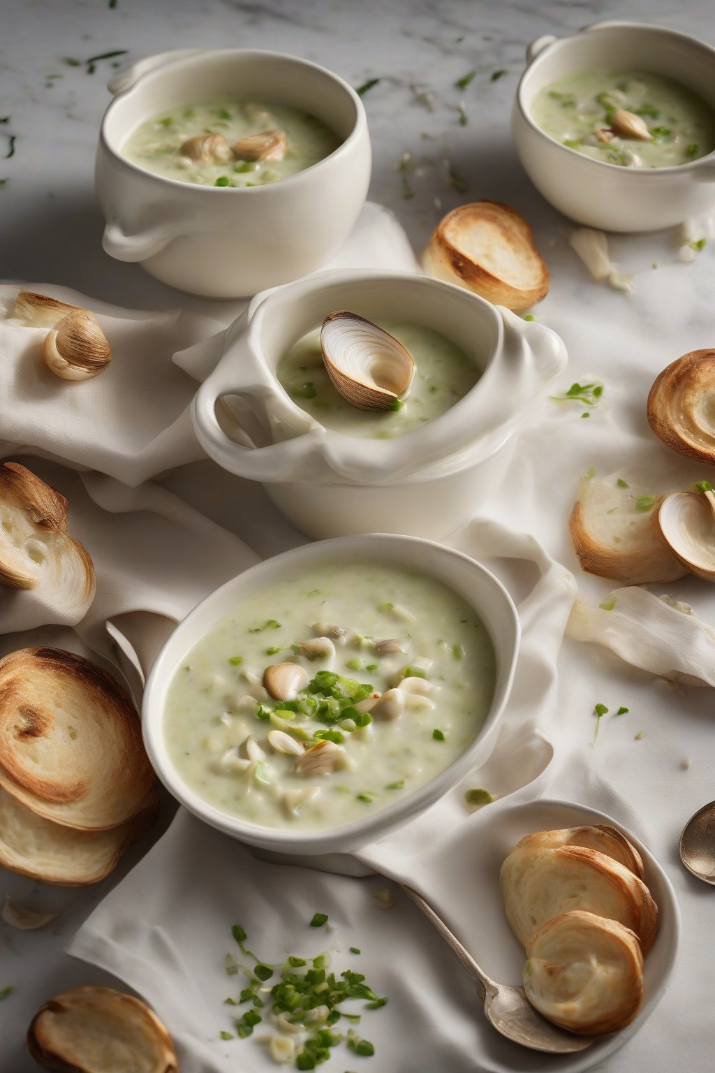 A high-resolution photo of thick leek-infused clam chowder swirled with roasted garlic, elegant green hues, under soft lighting.