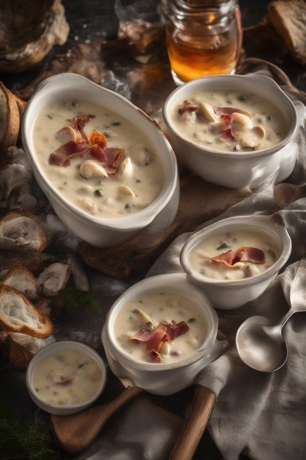 A high-resolution photo of smoky thick clam chowder with oyster slices and bacon, deep savory tones, under soft lighting.