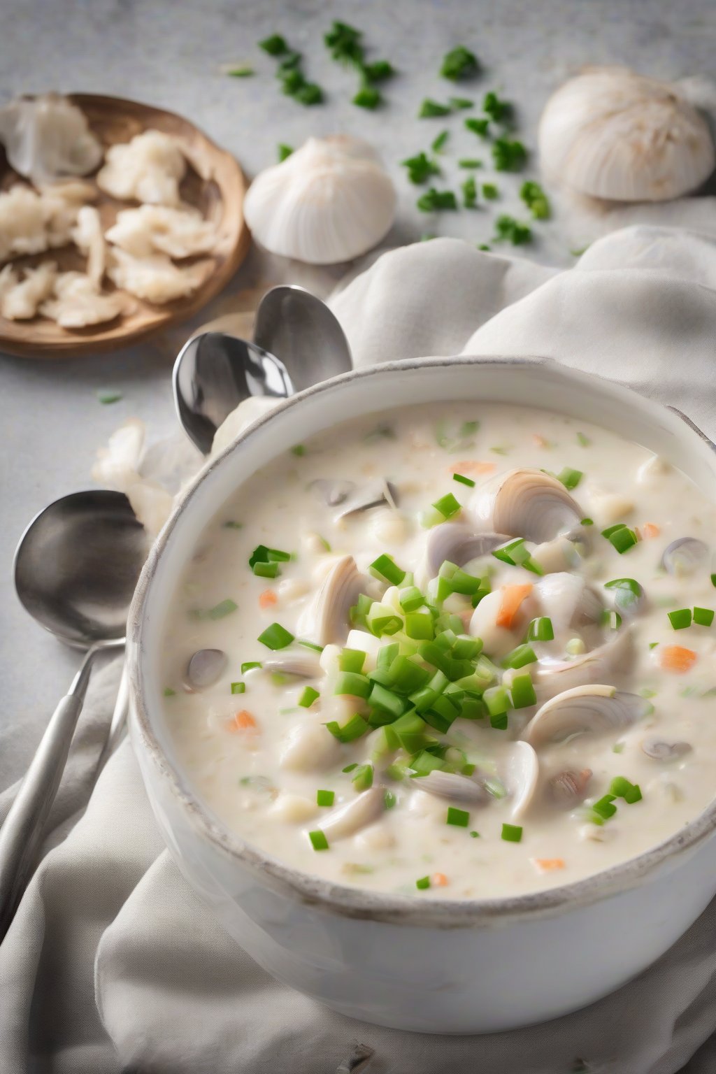 A high-resolution photo of creamy coconut thick clam chowder garnished with green onions, tropical vibe, under soft lighting.