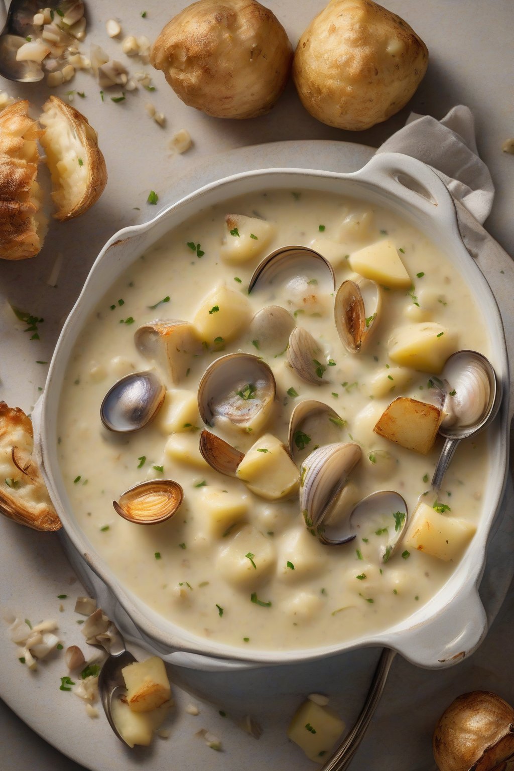 A high-resolution photo of thick roasted garlic clam chowder with golden potato chunks, inviting aroma visual, under soft lighting.