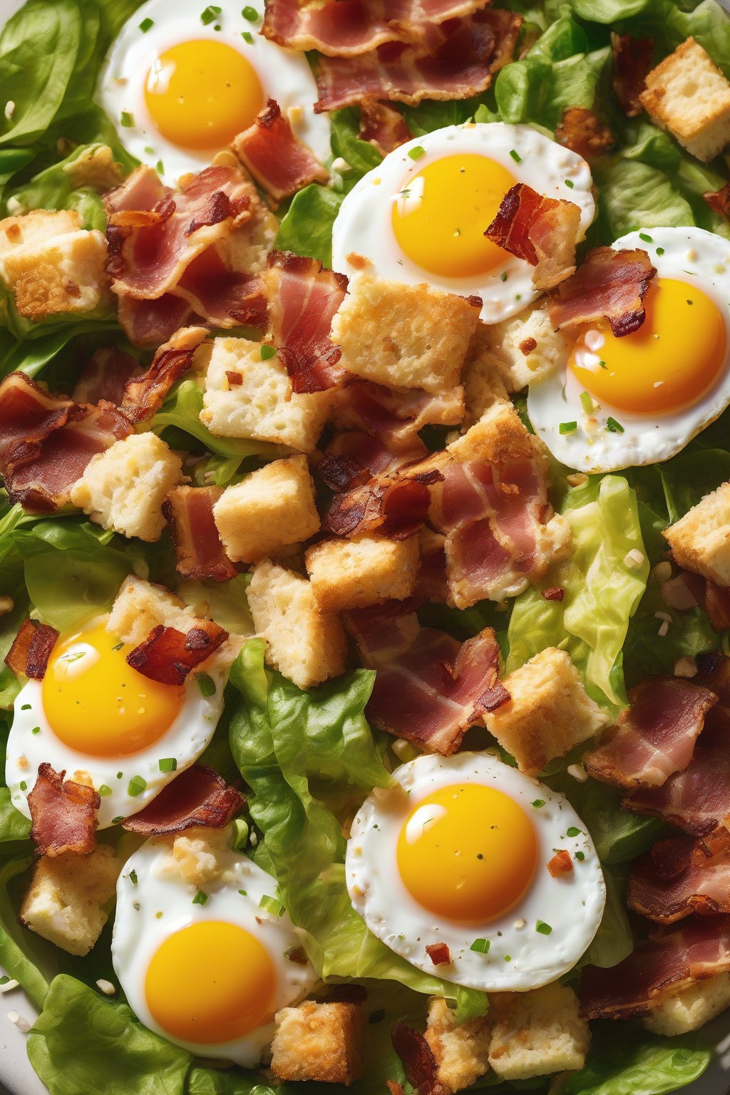 A high-resolution photo of bacon bits and egg slices on a garlicky Cesar salad with cheesy golden croutons under soft lighting.