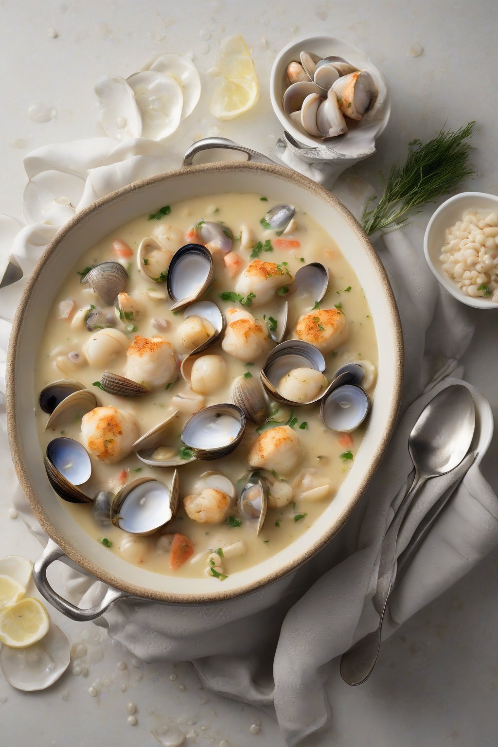 A high-resolution photo of thick chowder brimming with bay scallops and clams, pearl-like seafood, under soft lighting.
