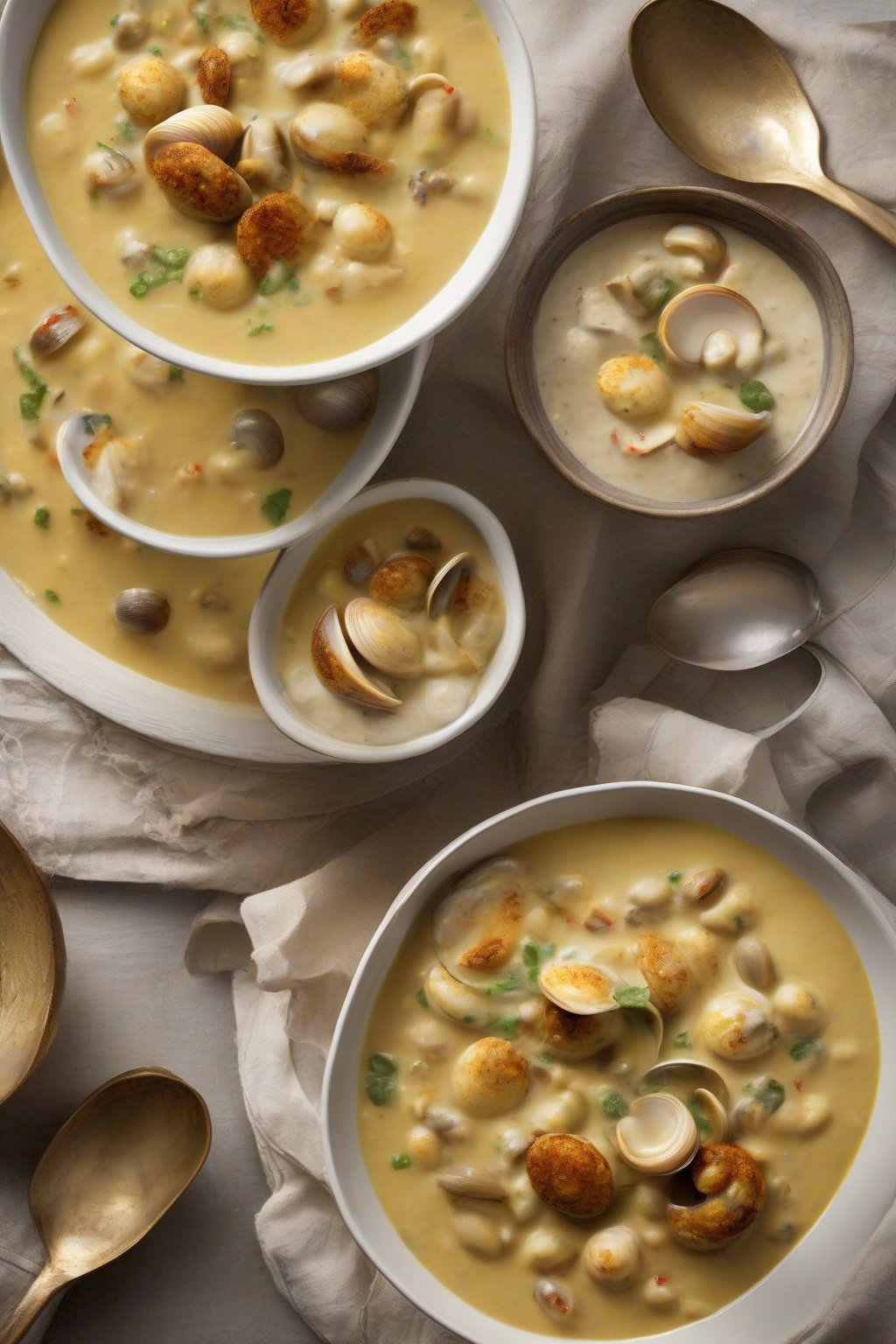 A high-resolution photo of curry-spiced thick clam chowder with golden hue and clam mounds, exotic appeal, under soft lighting.