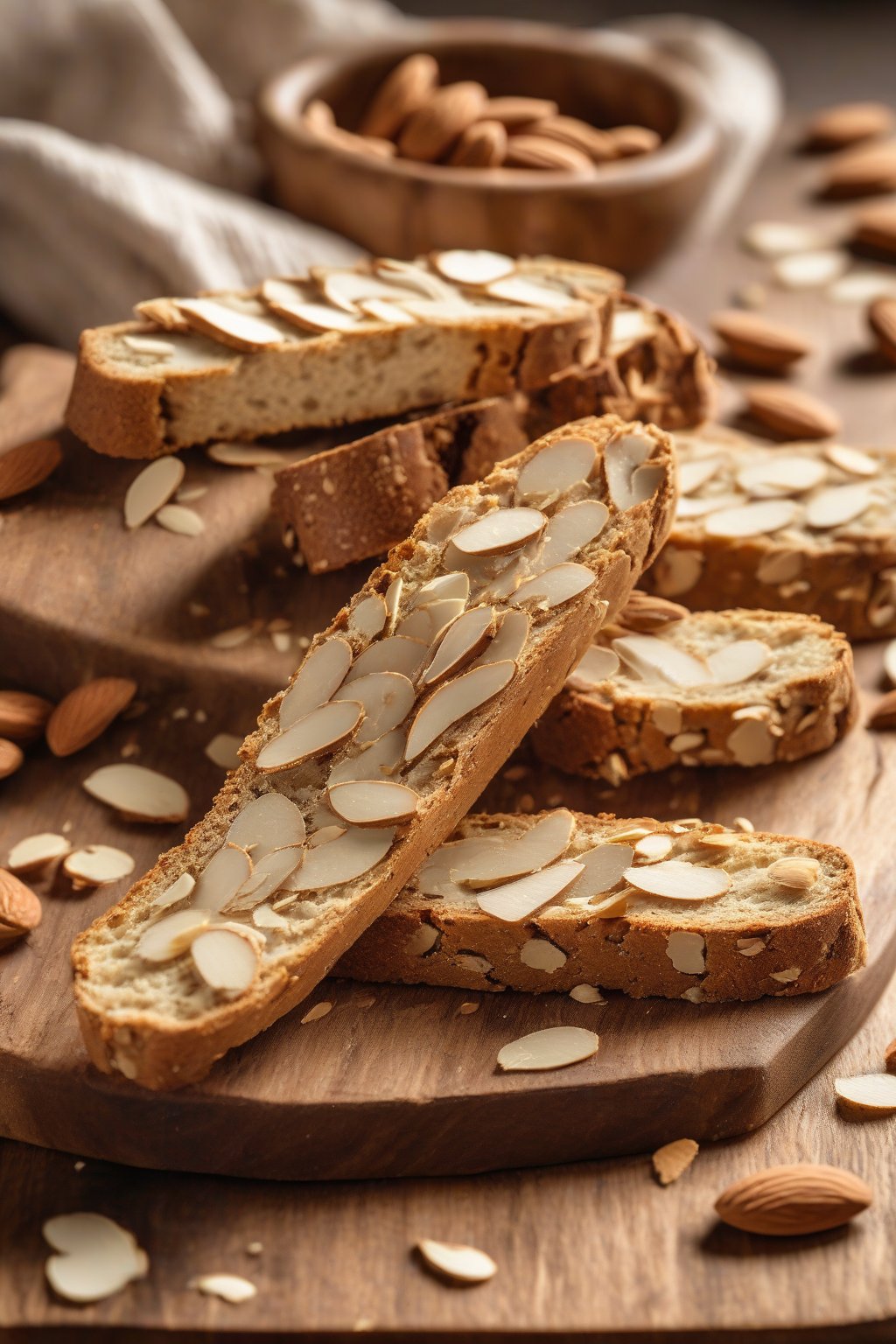 A high-resolution photo of golden sliced classic almond biscotti on a wooden board, scattered with almond slices, under soft lighting.