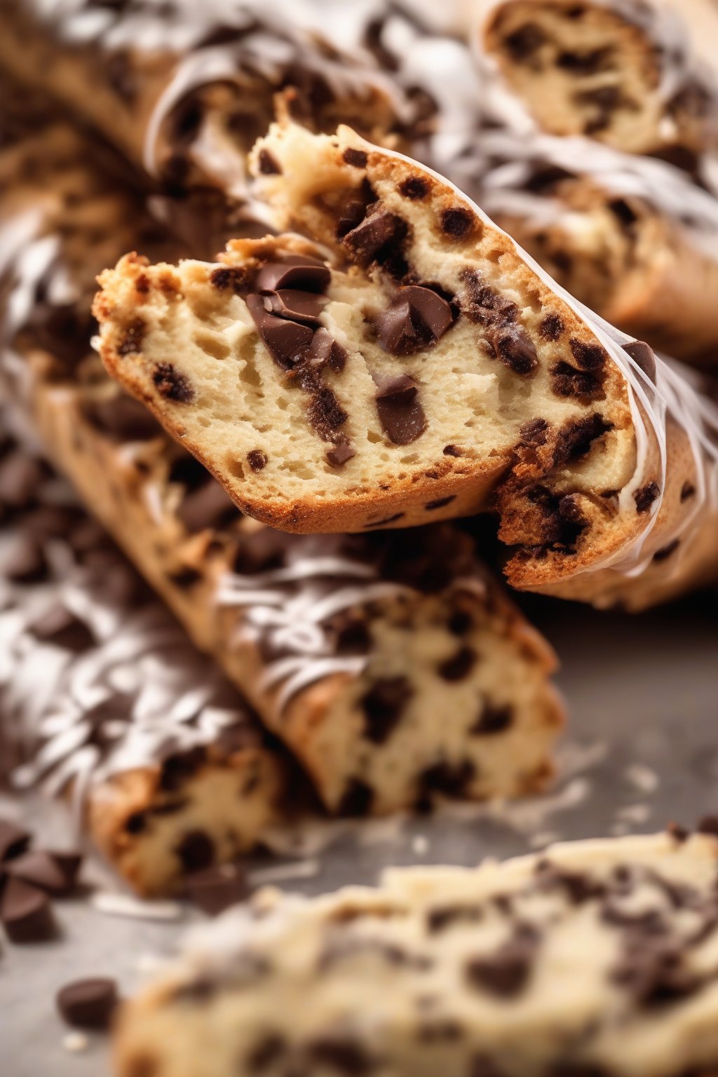 A high-resolution photo of chocolate chip biscotti logs freshly sliced, melting chips visible, under soft lighting.