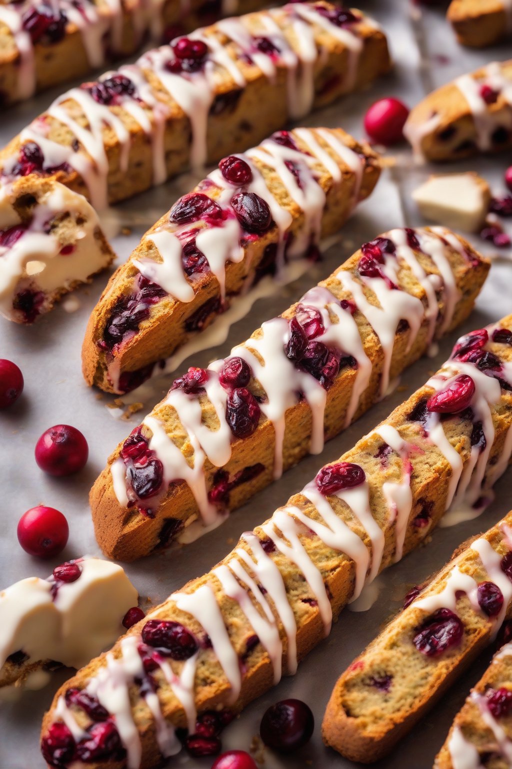 A high-resolution photo of cranberry orange biscotti with red berries peeking out, drizzled with glaze, under soft lighting.