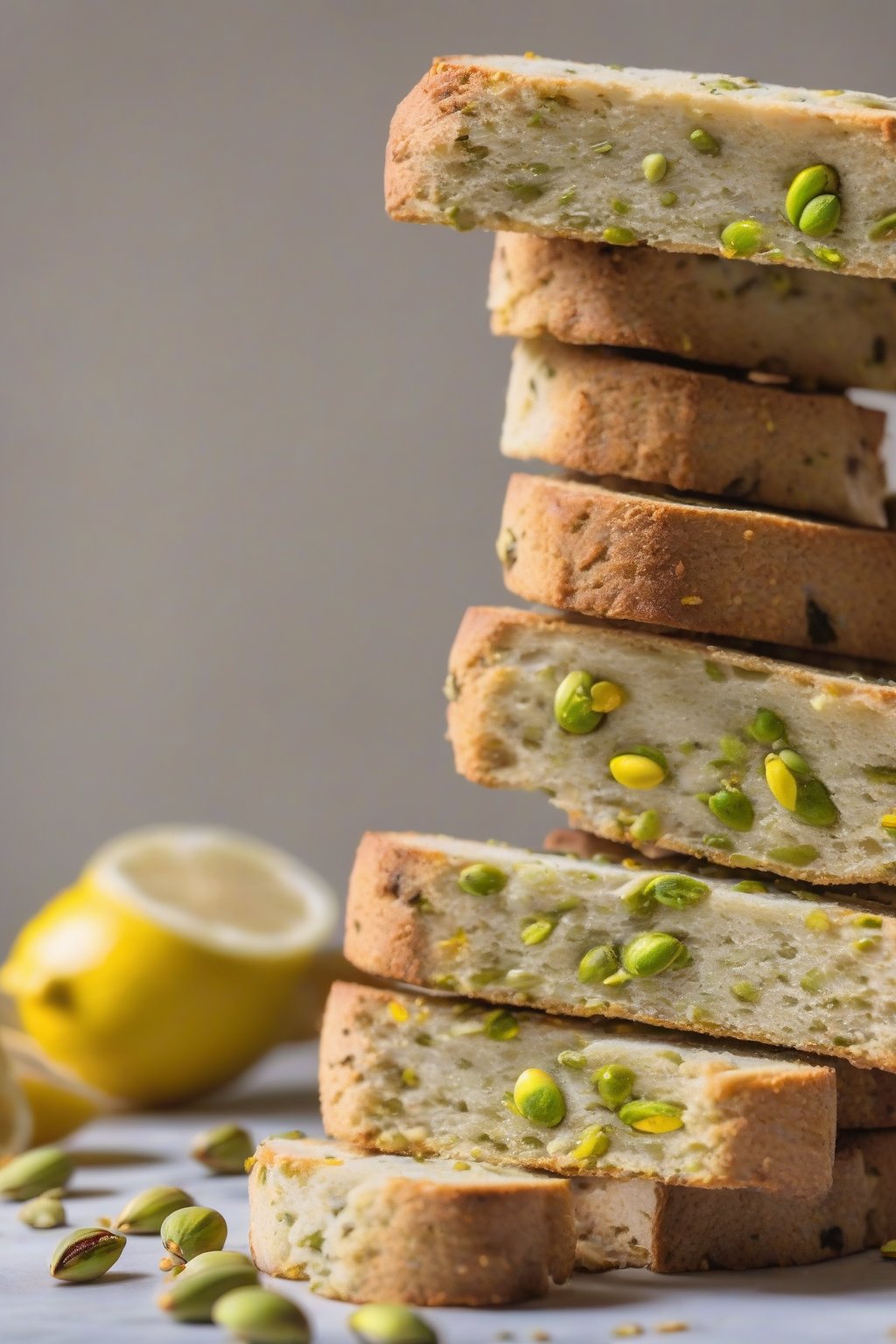 A high-resolution photo of lemon pistachio biscotti stacked, green nuts and yellow zest shining, under soft lighting.