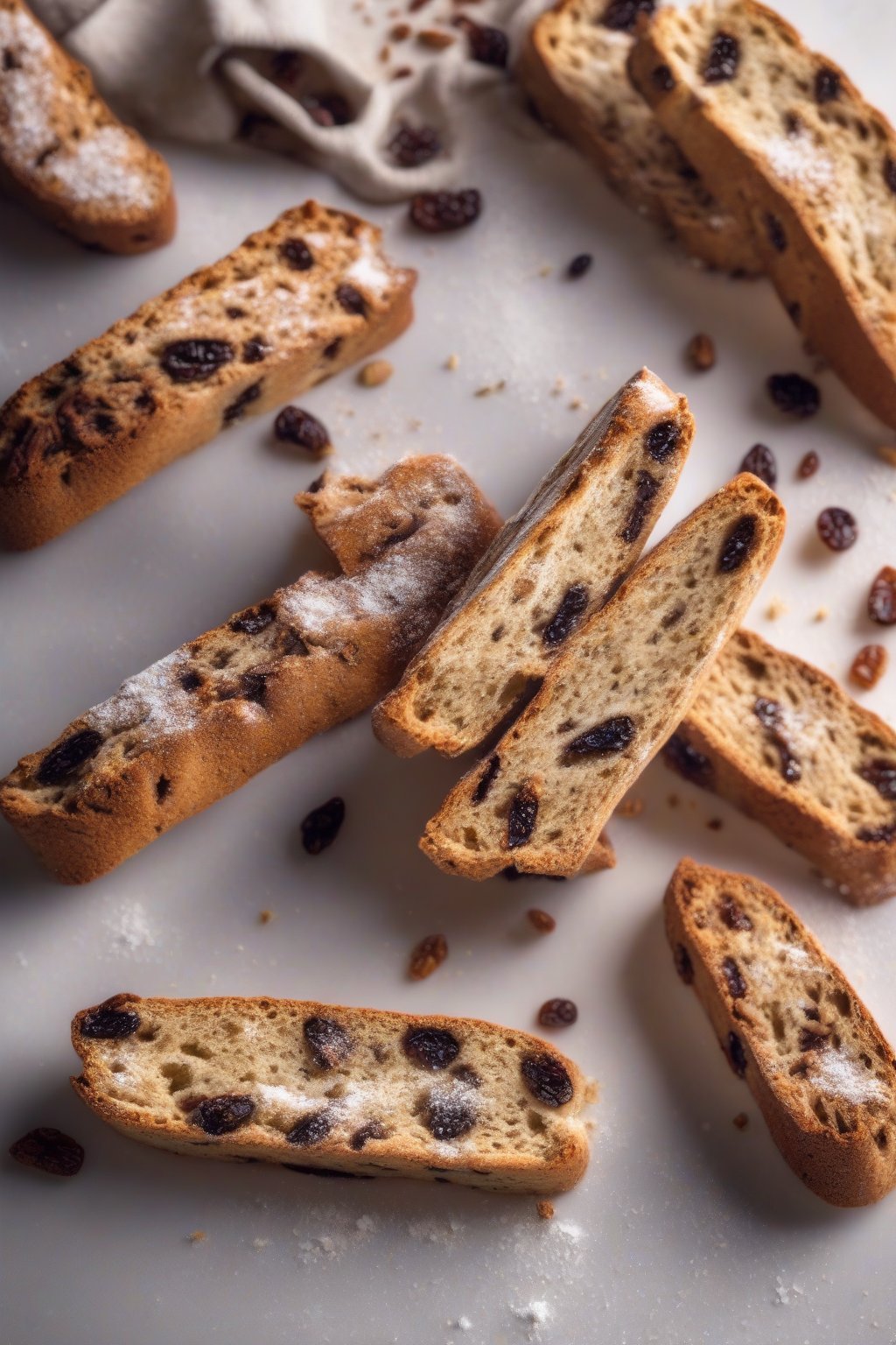 A high-resolution photo of cinnamon raisin biscotti with powdered sugar dusting, raisins plump and visible, under soft lighting.