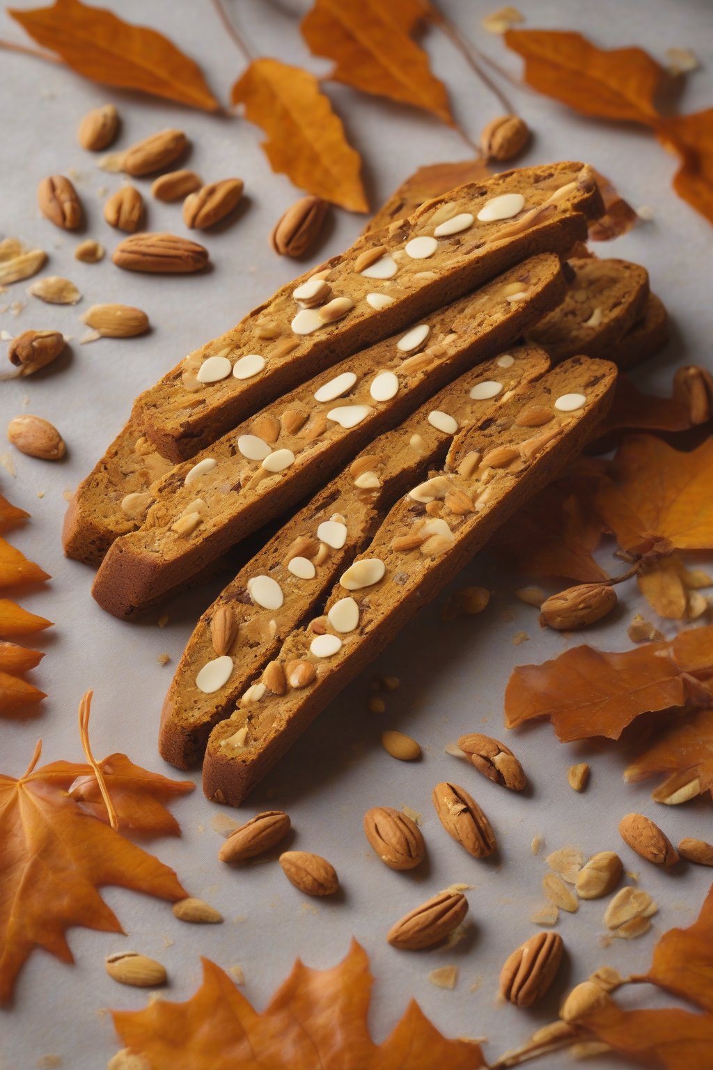 A high-resolution photo of pumpkin spice biscotti with orange flecks and nut pieces, autumn leaves backdrop, under soft lighting.
