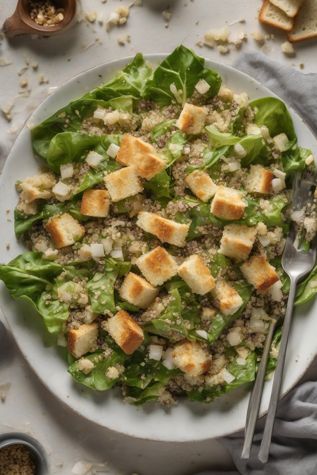 A high-resolution photo of quinoa-studded garlicky Cesar salad with rustic garlic bread croutons under soft lighting.