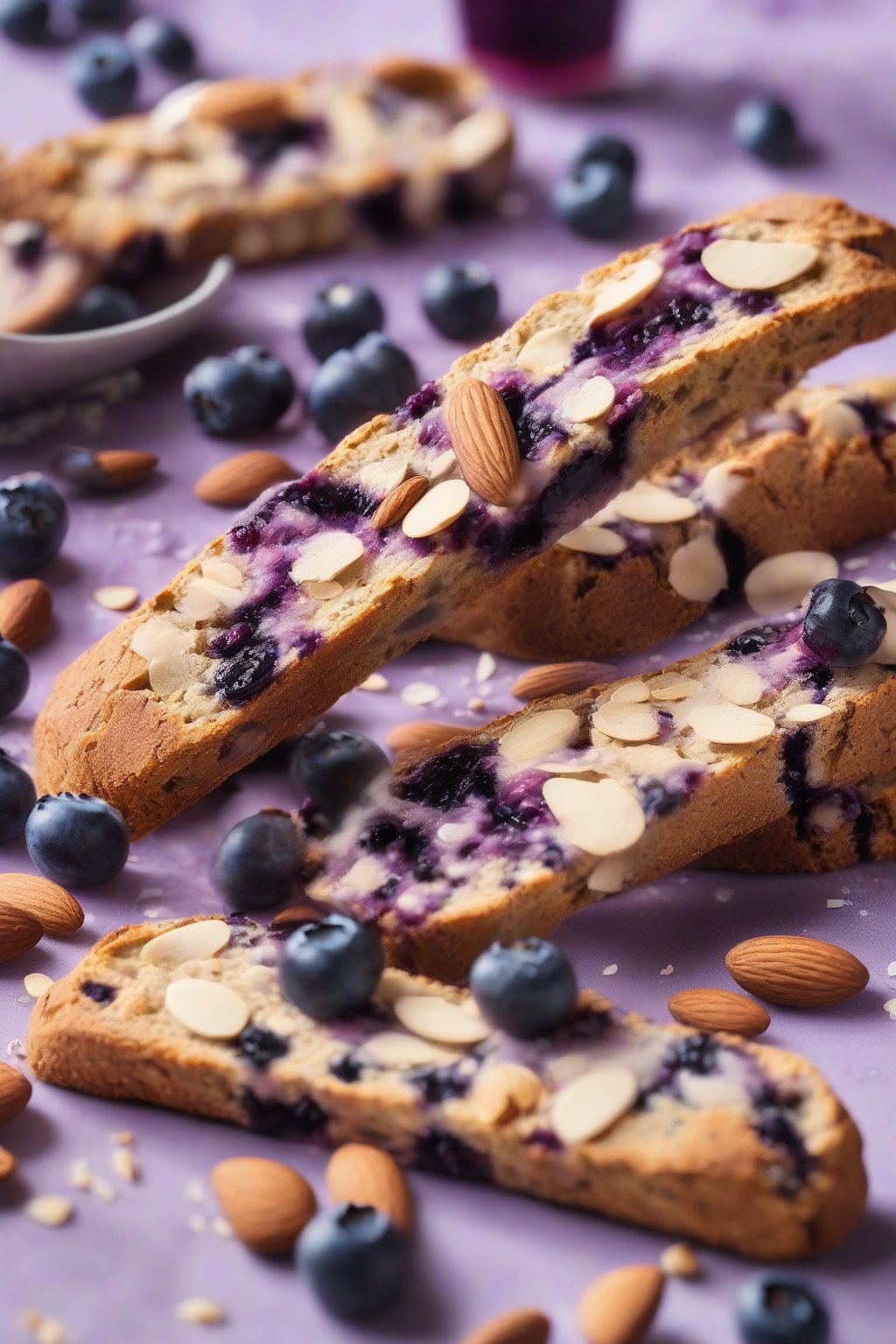 A high-resolution photo of blueberry almond biscotti with purple berries bursting, almonds scattered, under soft lighting.