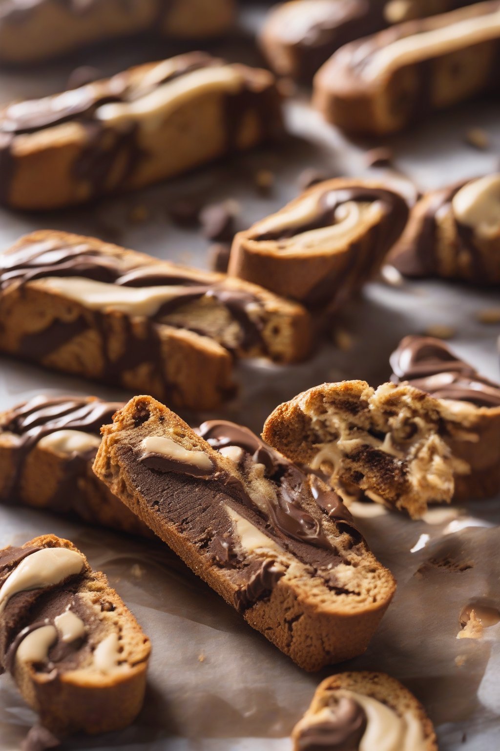 A high-resolution photo of peanut butter chocolate biscotti with gooey centers exposed, peanut swirls visible, under soft lighting.