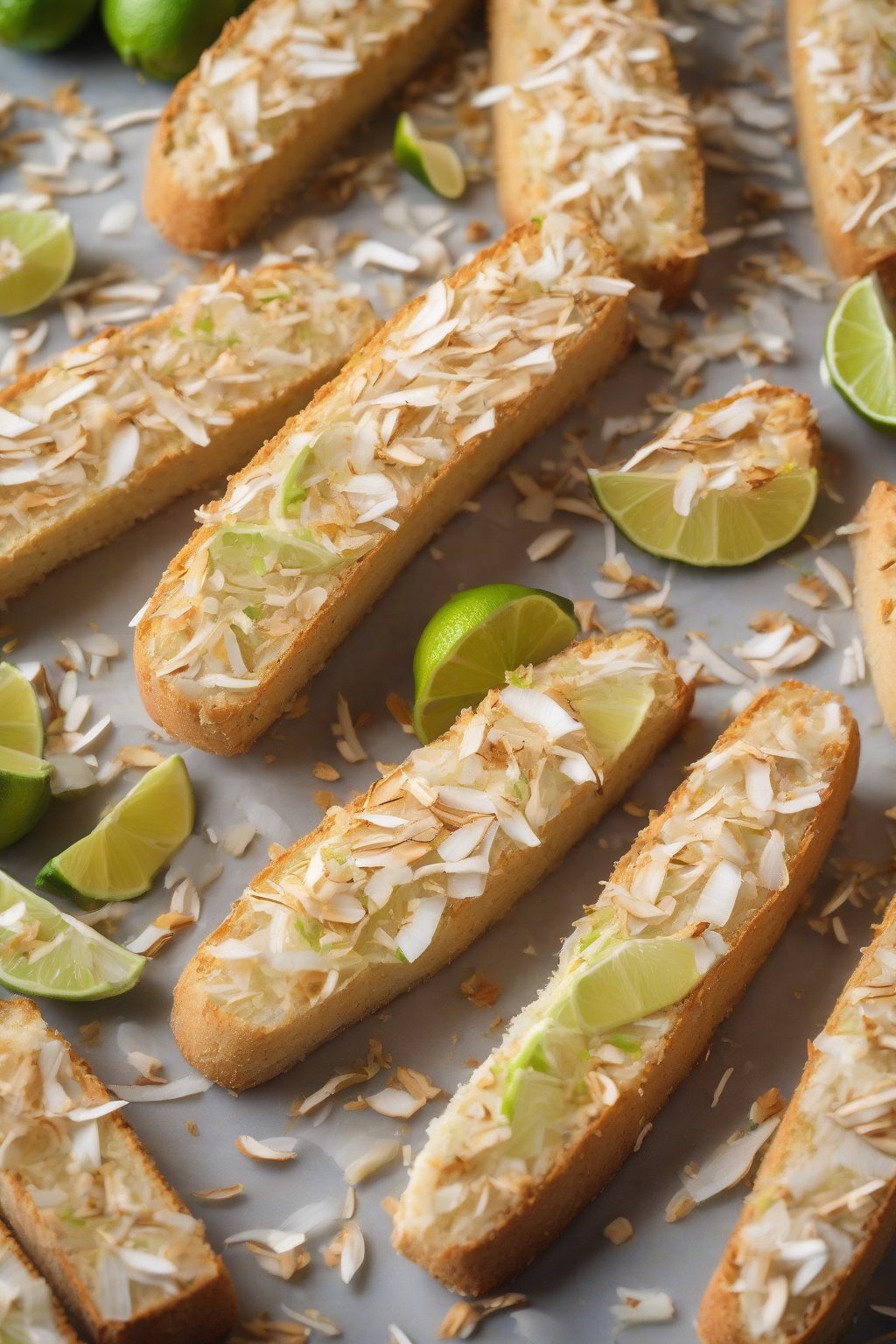 A high-resolution photo of coconut lime biscotti topped with toasted coconut and lime zest, bright and tropical, under soft lighting.