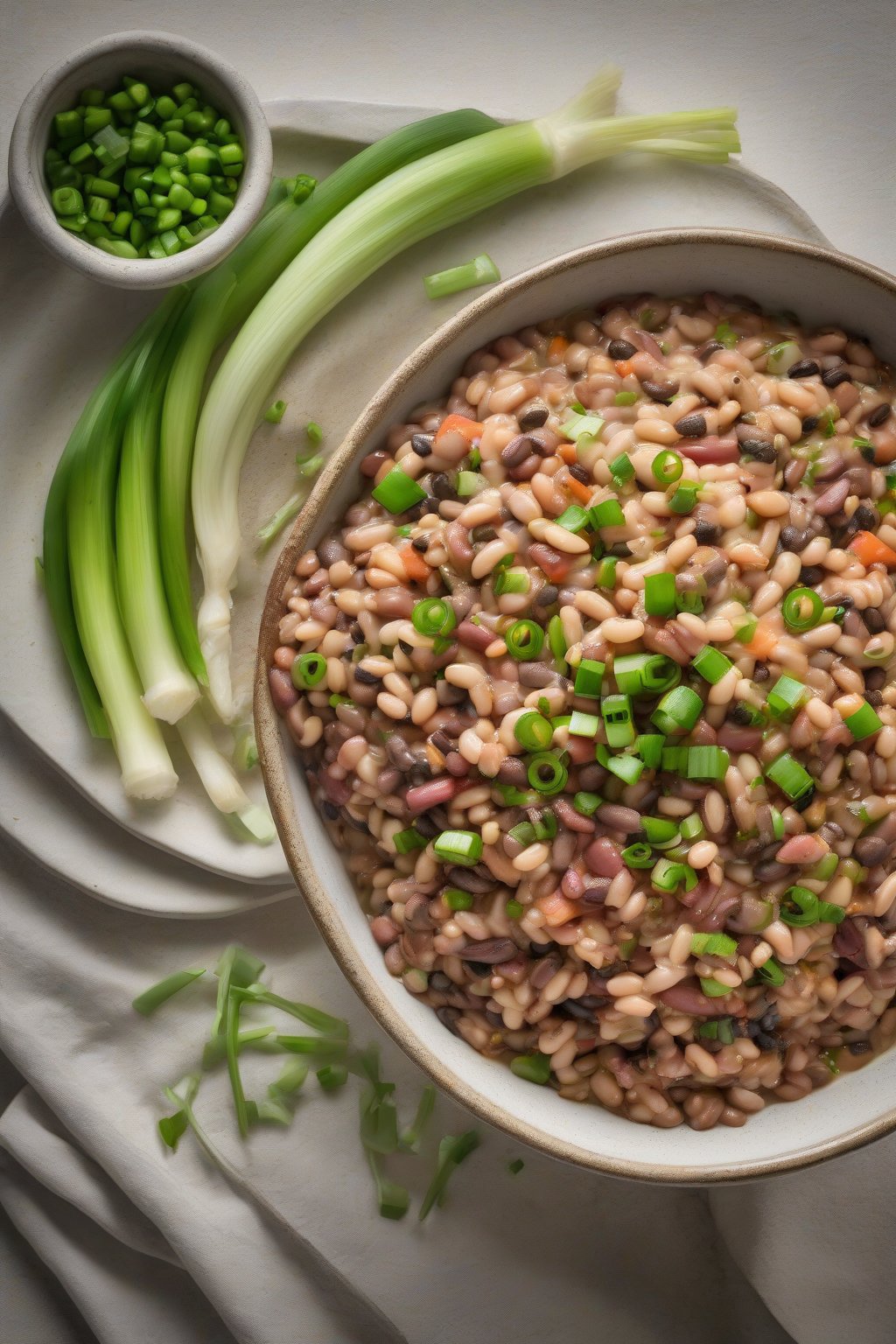 A high-resolution photo of steaming Hoppin' John in a bowl, garnished with green onions under soft lighting.
