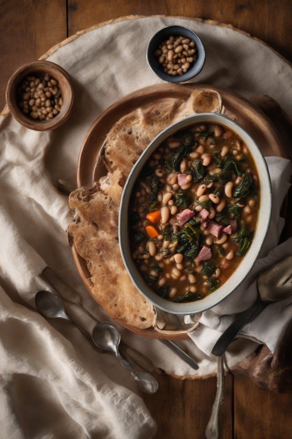 A high-resolution photo of black-eyed peas stew with ham hock and collards in a rustic bowl under soft lighting.