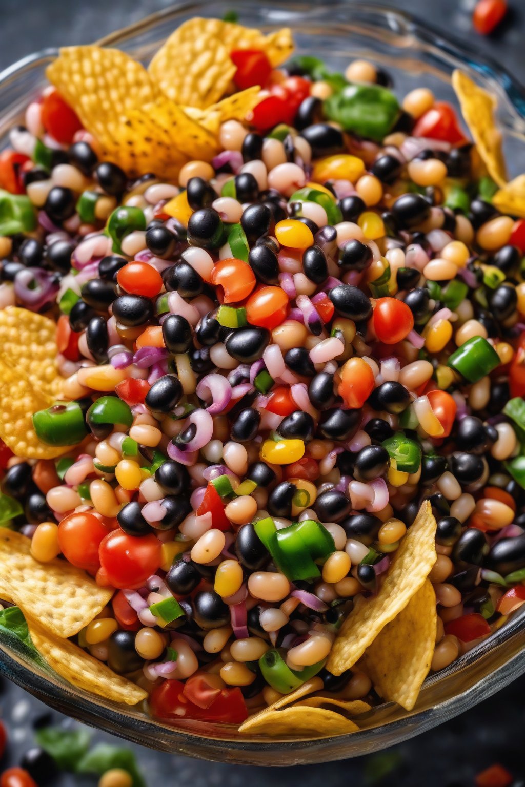 A high-resolution photo of vibrant Texas Caviar in a glass bowl with chips nearby under soft lighting.