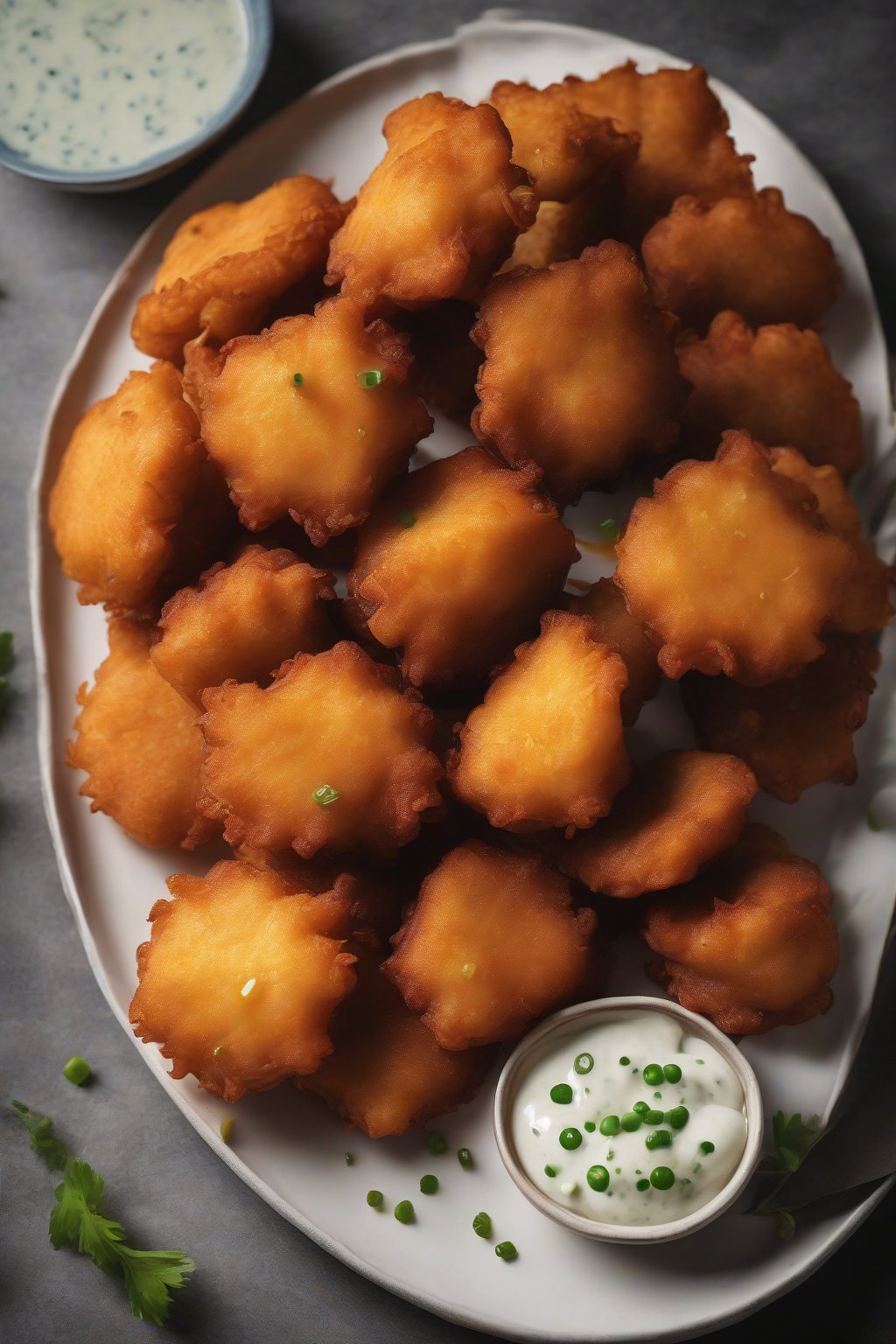 A high-resolution photo of golden Akara fritters on a plate with dipping sauce under soft lighting.