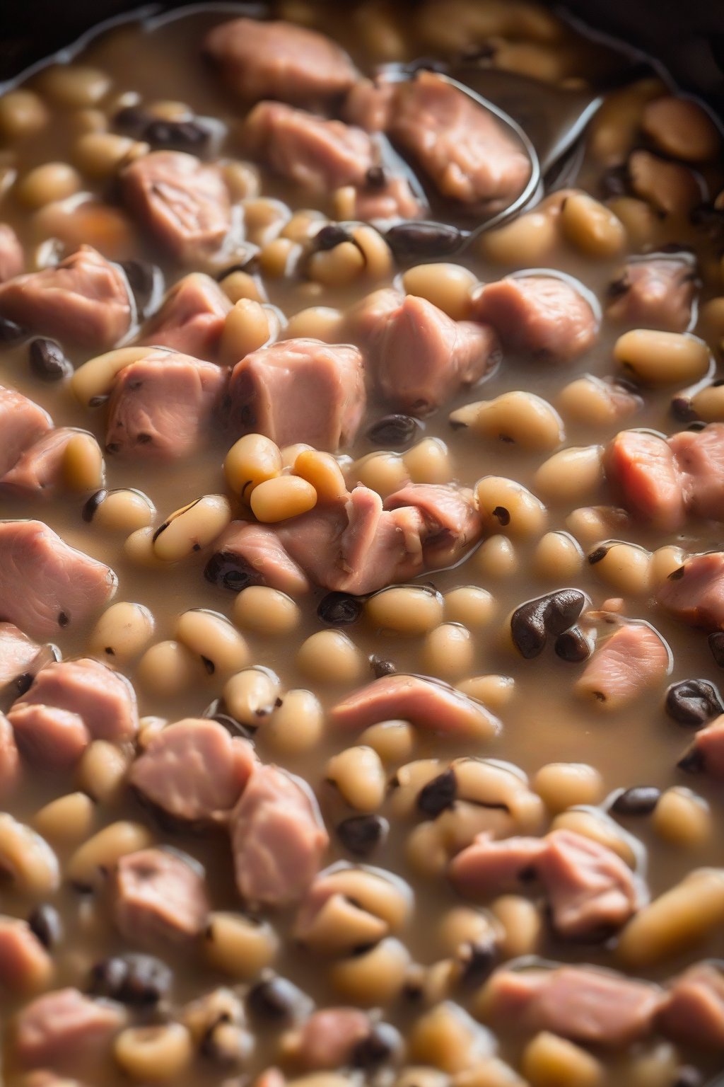 A high-resolution photo of smoked turkey black-eyed peas in a slow cooker, steam rising under soft lighting.