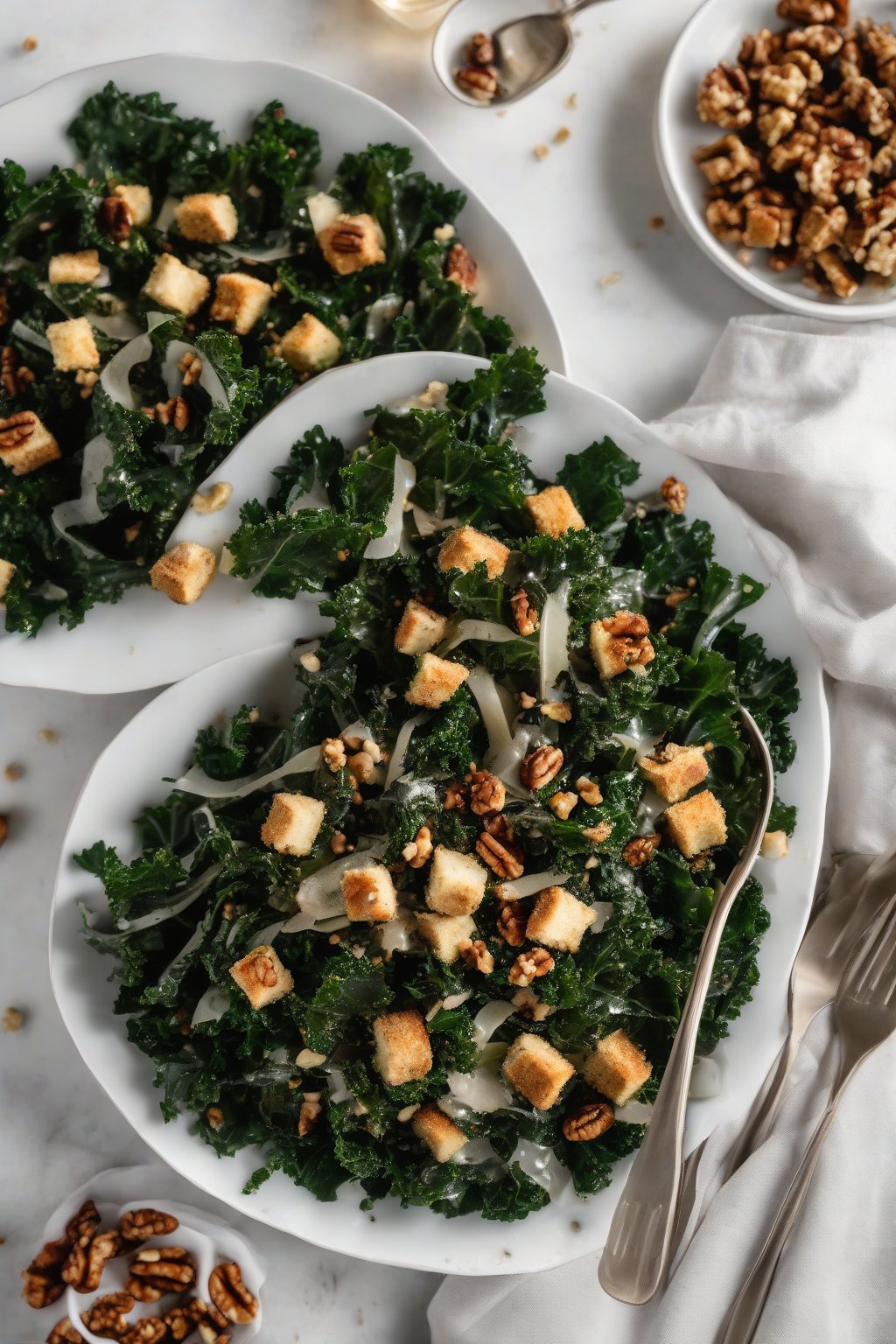A high-resolution photo of massaged kale garlicky Cesar salad topped with toasted walnut croutons under soft lighting.