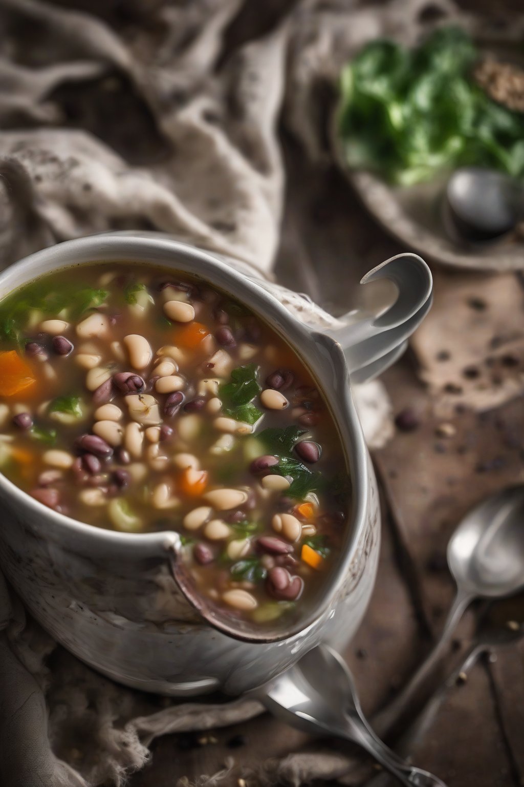 A high-resolution photo of steaming black-eyed pea cabbage soup in a mug under soft lighting.