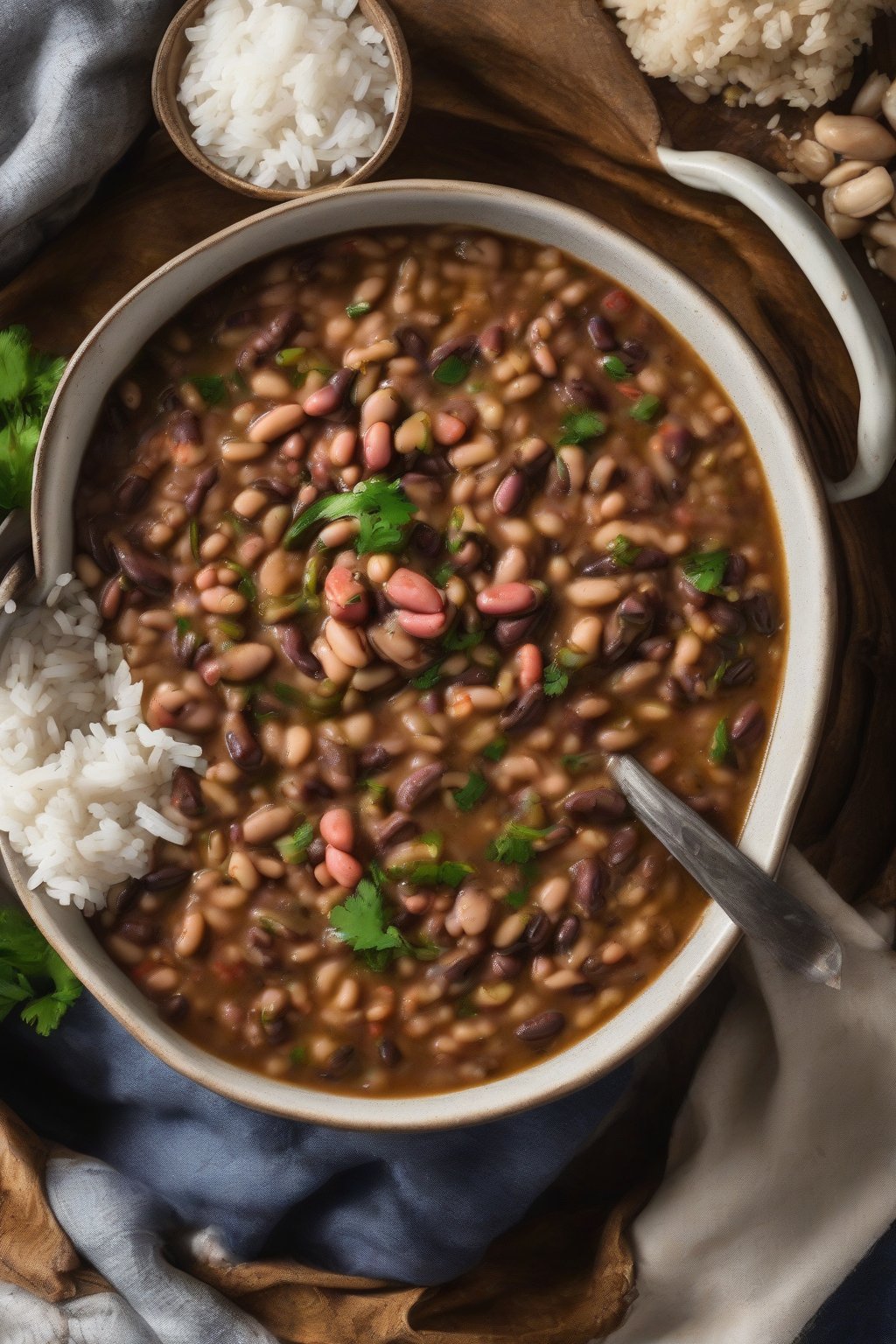 A high-resolution photo of rich black-eyed pea gumbo in a bowl with rice under soft lighting.
