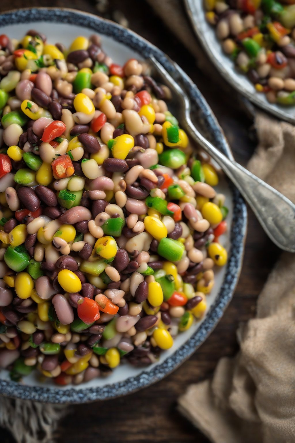 A high-resolution photo of colorful succotash with black-eyed peas on a plate under soft lighting.