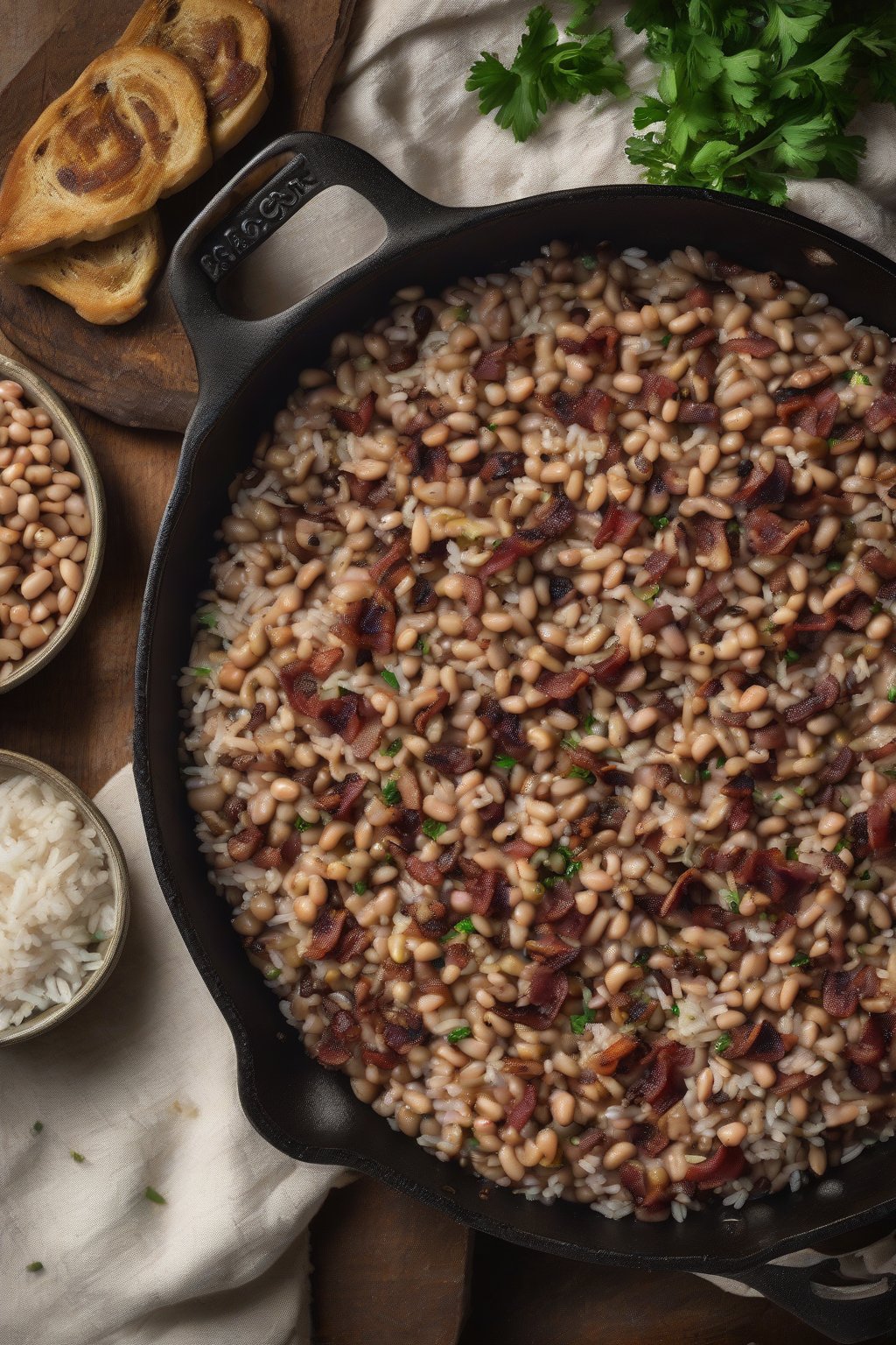 A high-resolution photo of black-eyed peas with bacon and rice in a cast-iron skillet under soft lighting.