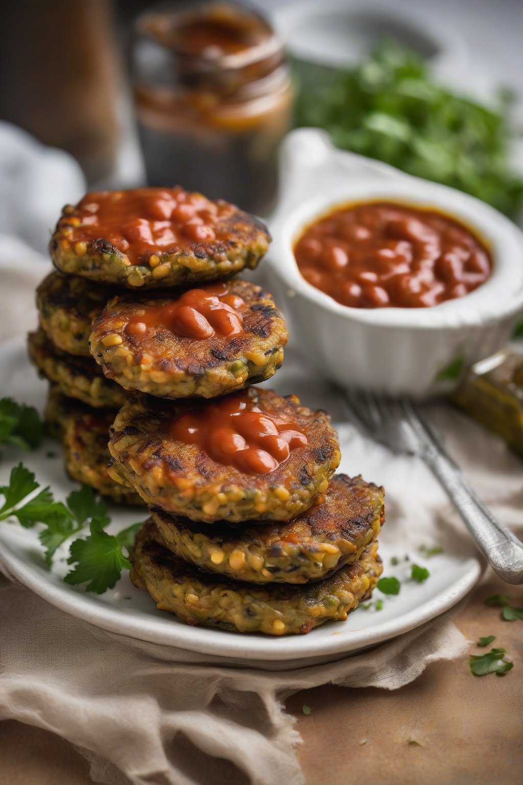 A high-resolution photo of stacked black-eyed pea patties with sauce under soft lighting.