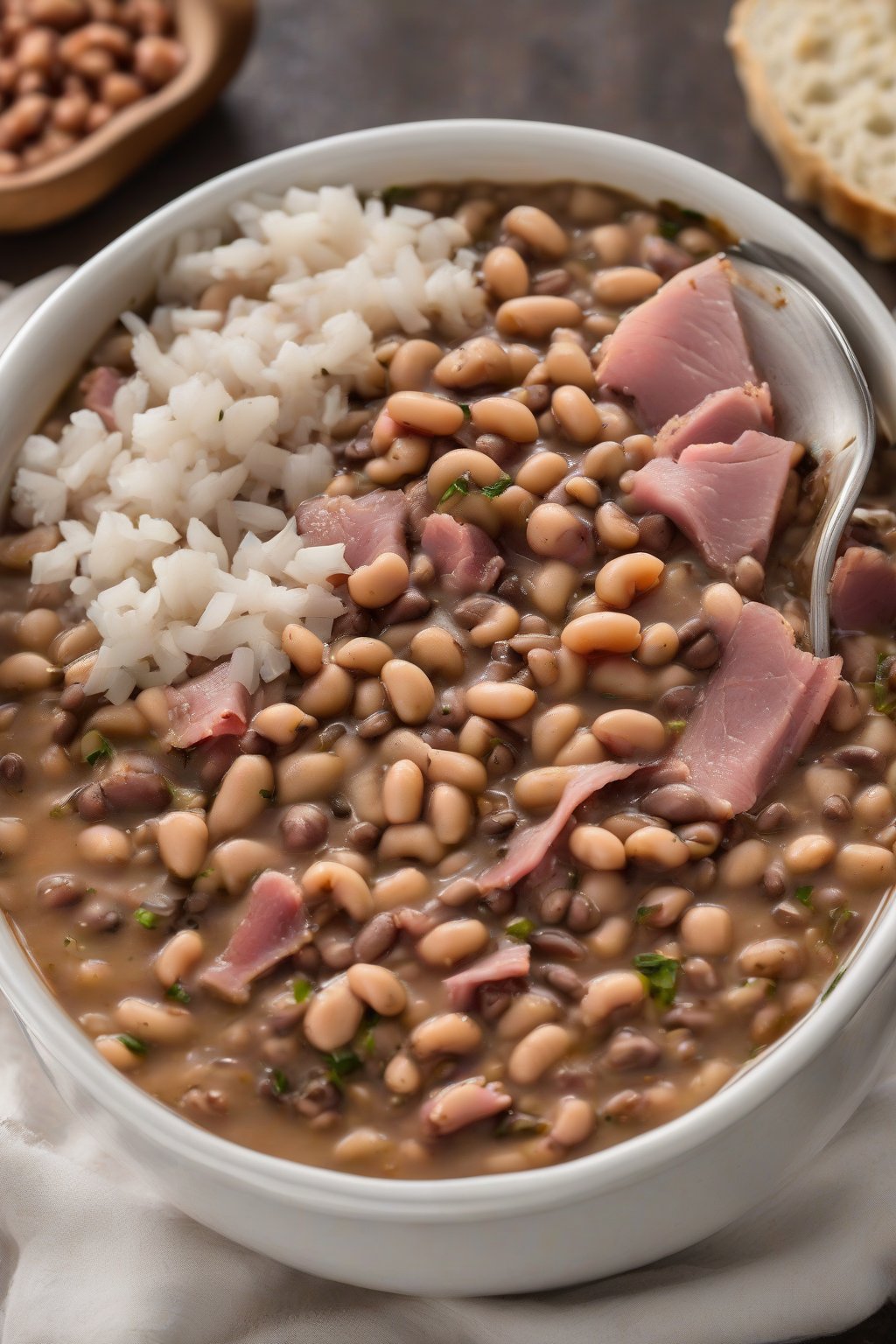 A high-resolution photo of slow cooker black-eyed peas with ham under soft lighting.