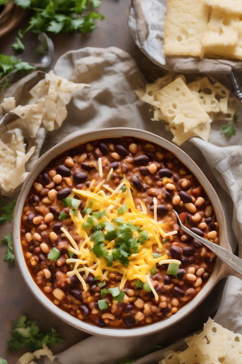 A high-resolution photo of black-eyed pea chili topped with cheese under soft lighting.