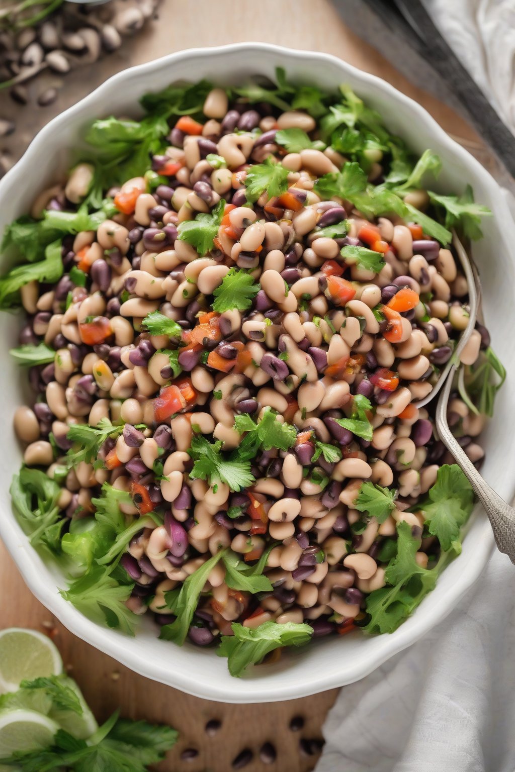 A high-resolution photo of fresh black-eyed peas salad in a white bowl under soft lighting.