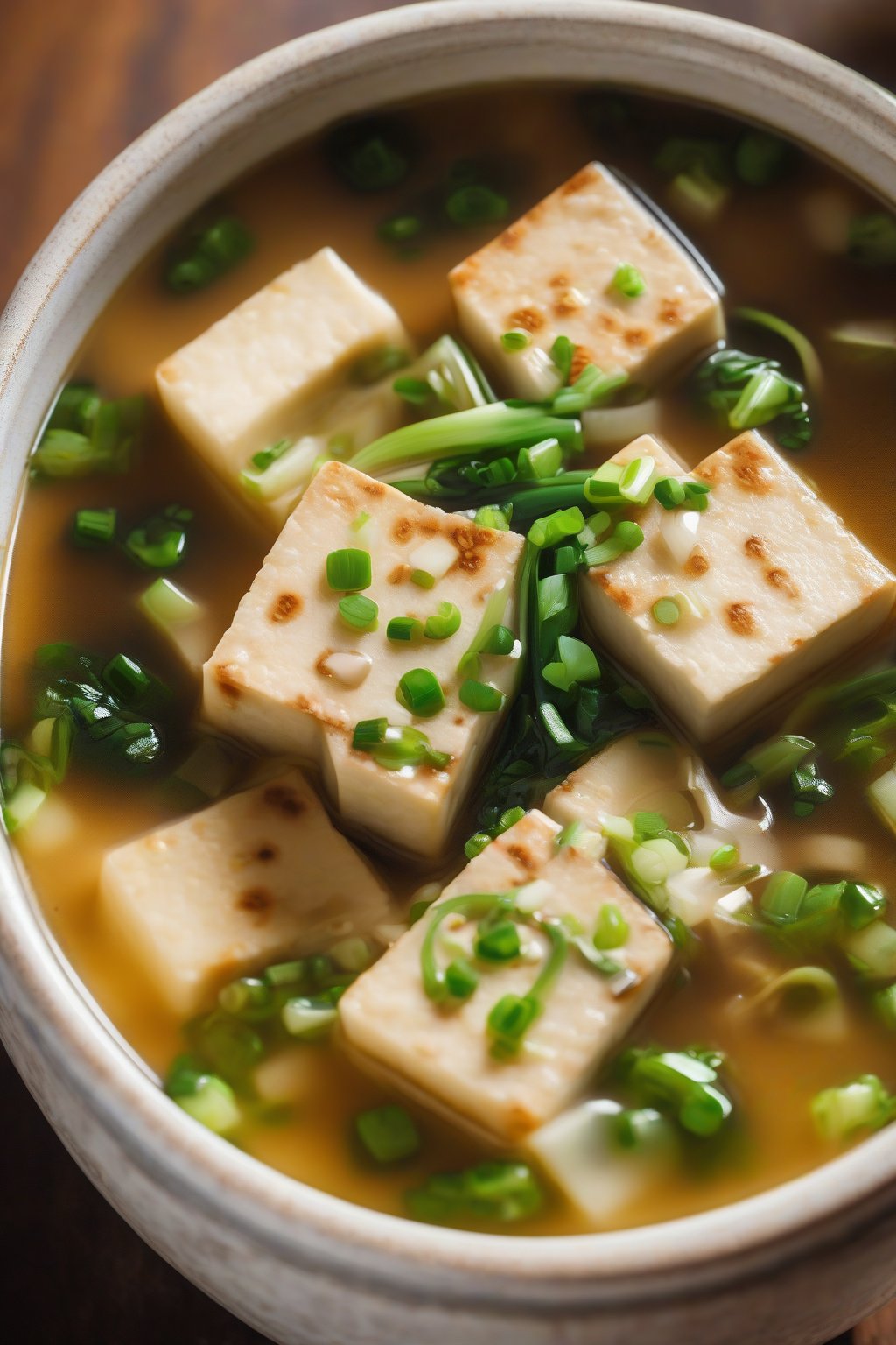 A close-up photo of steaming classic tofu miso soup in a rustic bowl, topped with green onions, under soft lighting.