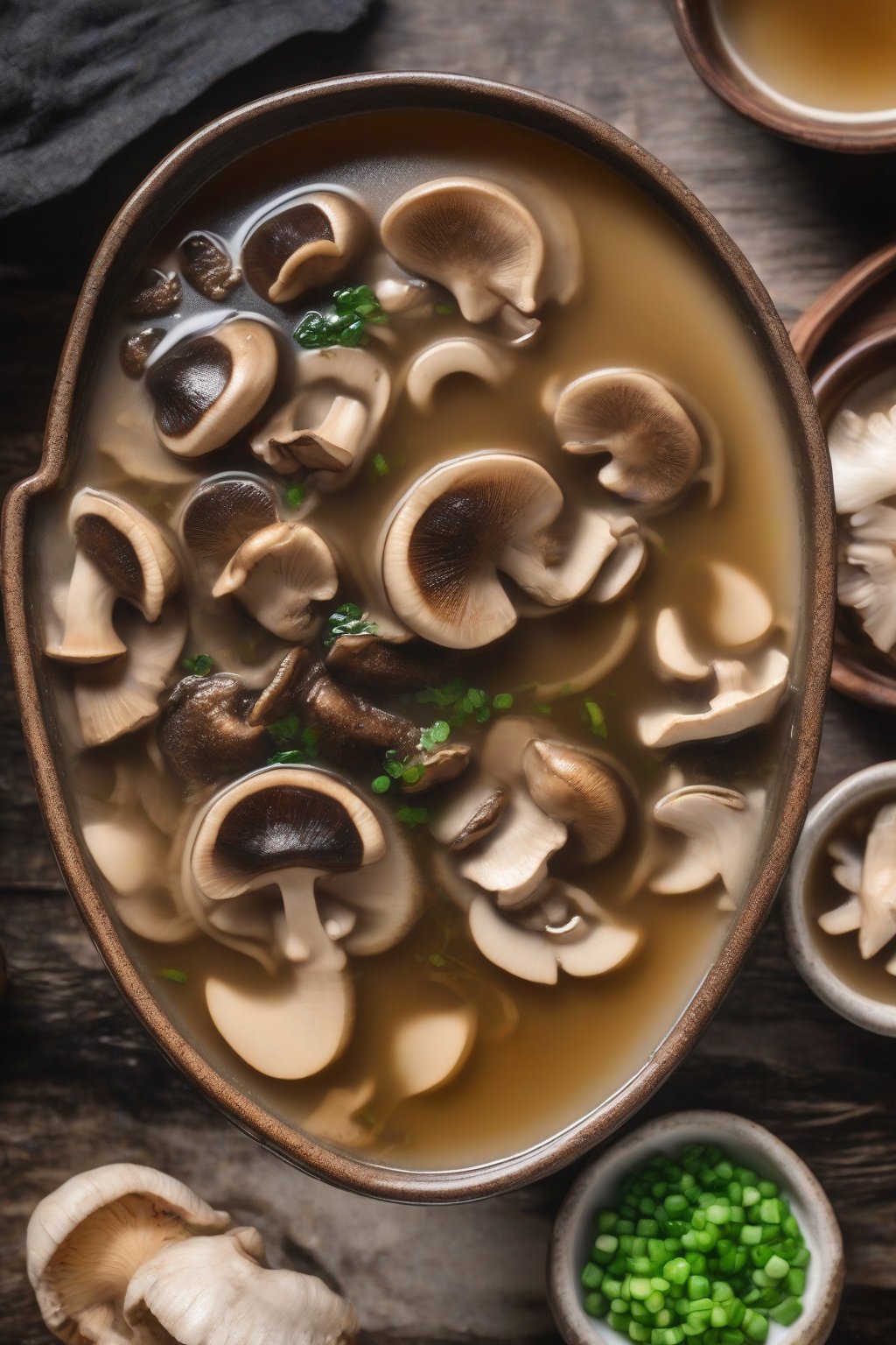 A close-up photo of shiitake mushroom miso soup with golden broth and mushrooms floating delicately, under soft lighting.