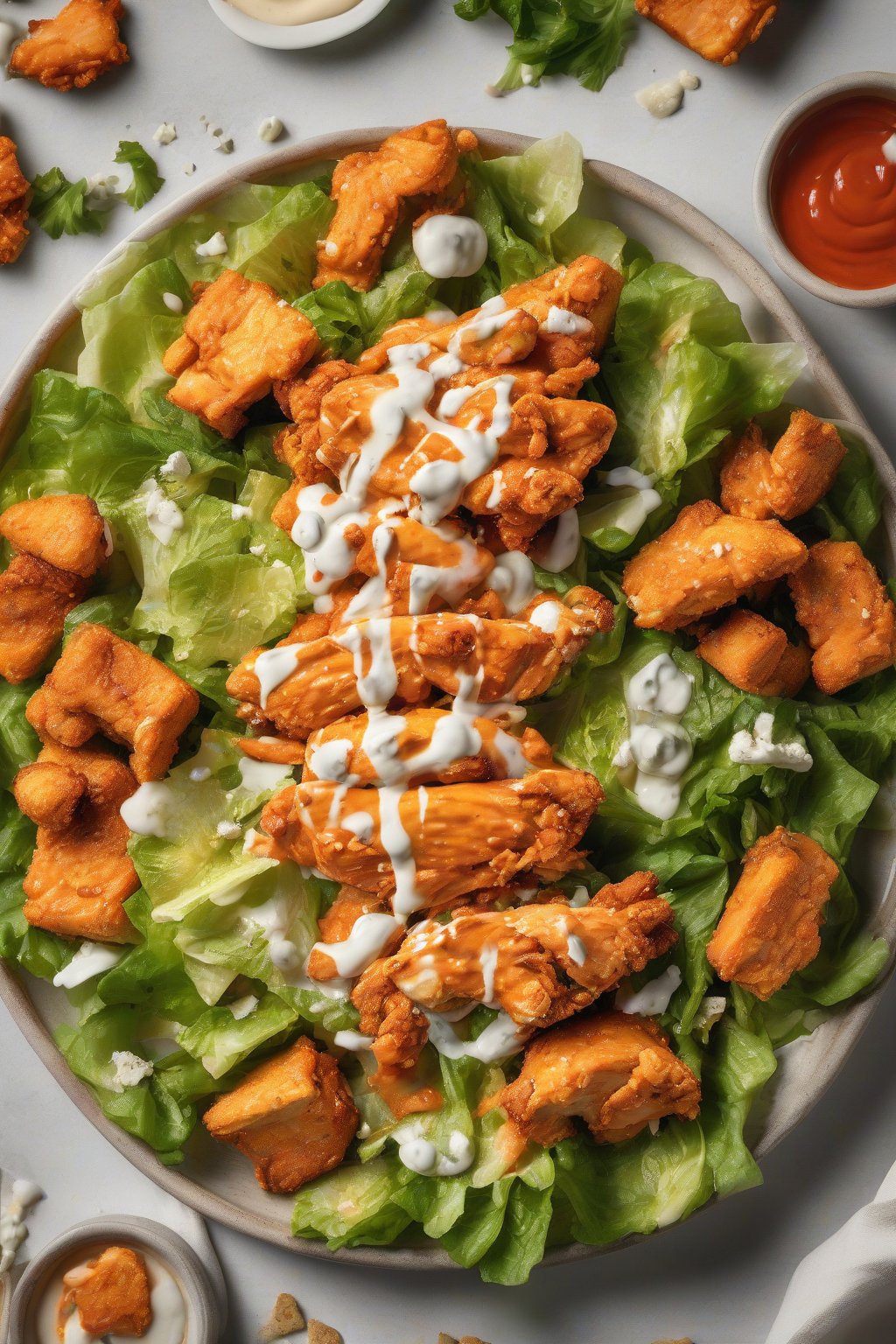 A high-resolution photo of spicy buffalo chicken on garlicky Cesar salad with ranch-dusted croutons under soft lighting.
