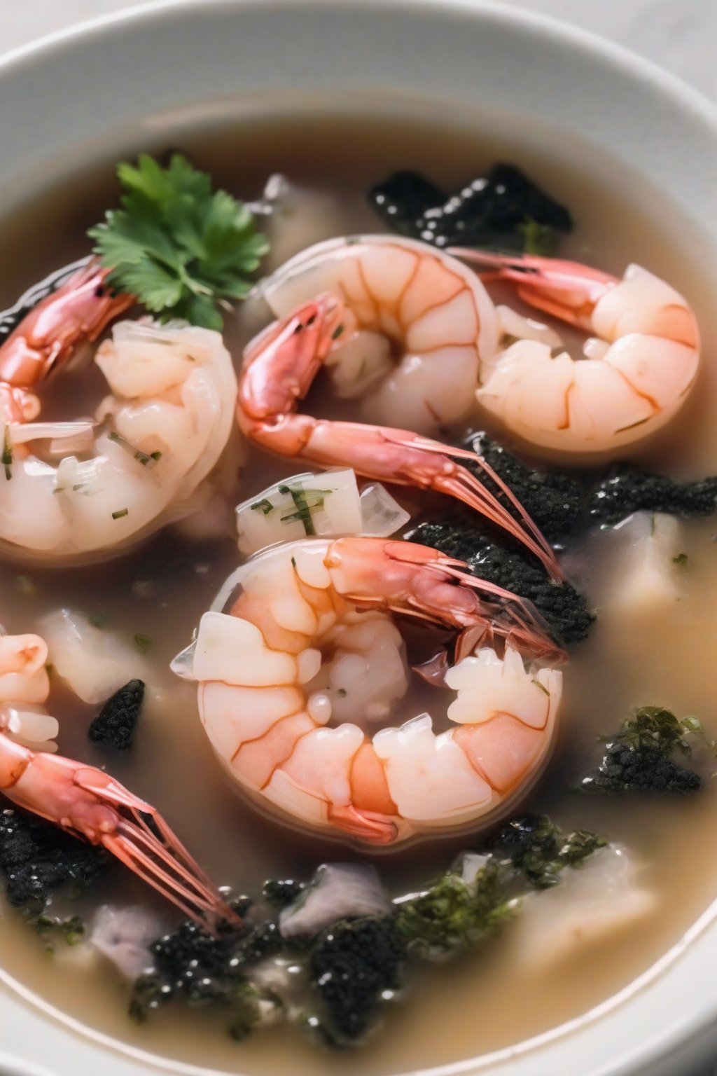A close-up photo of shrimp miso soup with pink shrimp and nori flecks in cloudy broth, under soft lighting.