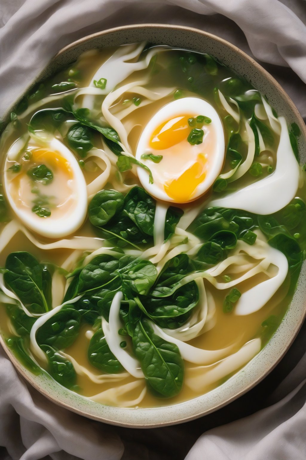 A close-up photo of spinach and egg miso soup with swirling egg ribbons and vibrant greens, under soft lighting.