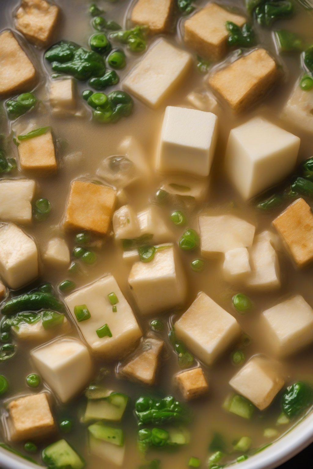 A close-up photo of ginger tofu miso soup steaming with tofu cubes and ginger flecks, under soft lighting.