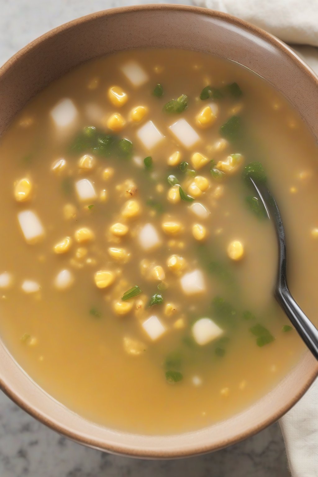 A close-up photo of corn miso soup with glossy butter sheen and golden kernels, under soft lighting.