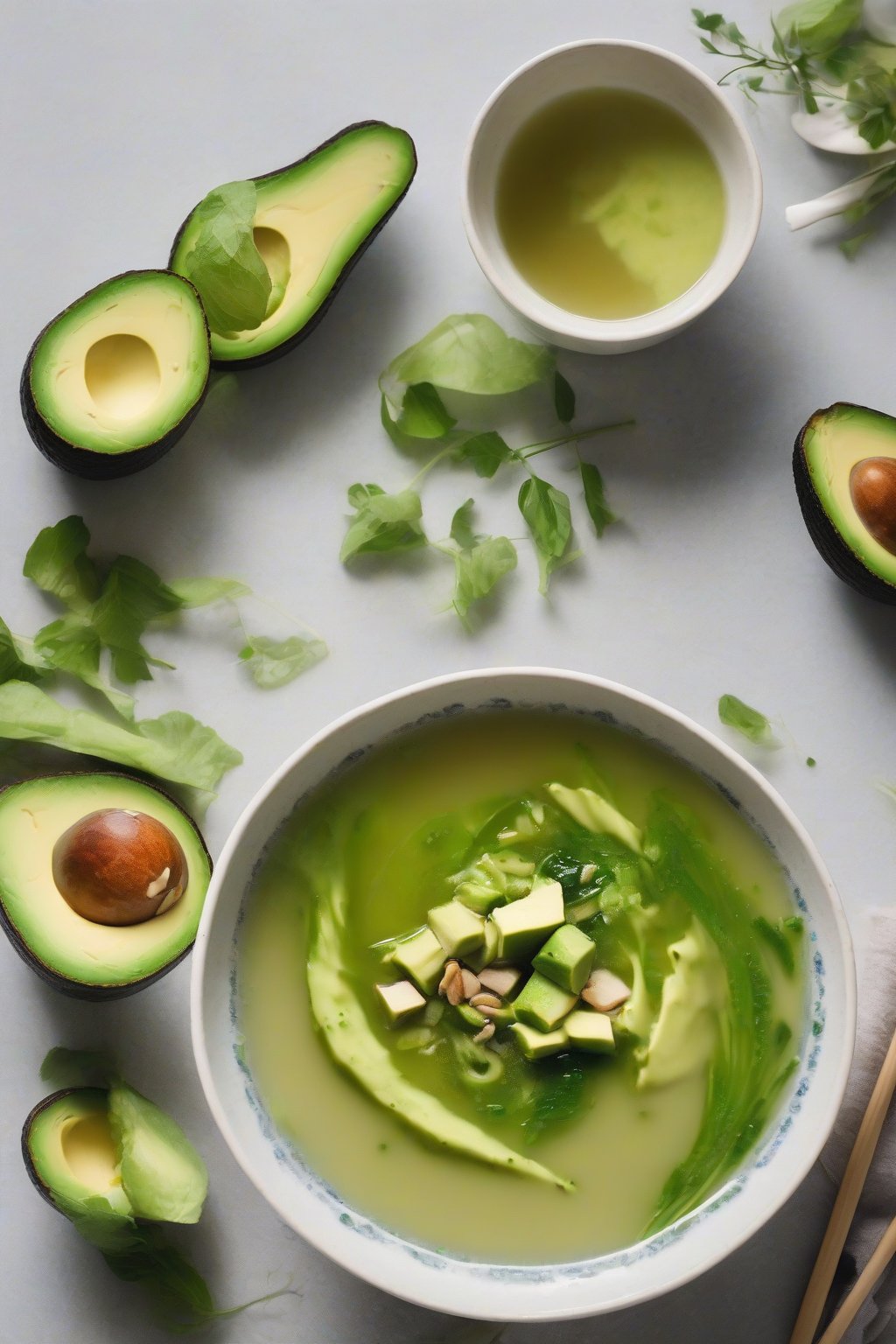 A close-up photo of avocado miso soup with chunky green avocado in pale broth, under soft lighting.