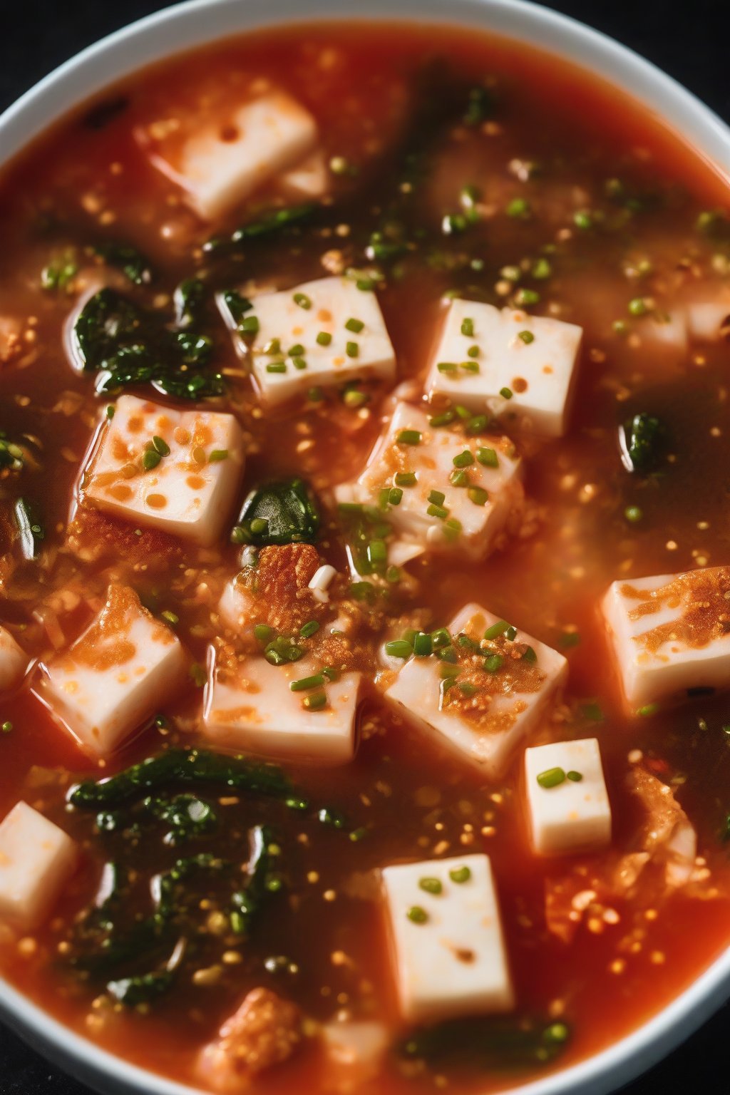 A close-up photo of kimchi miso soup bubbling with red kimchi bits and tofu, under soft lighting.