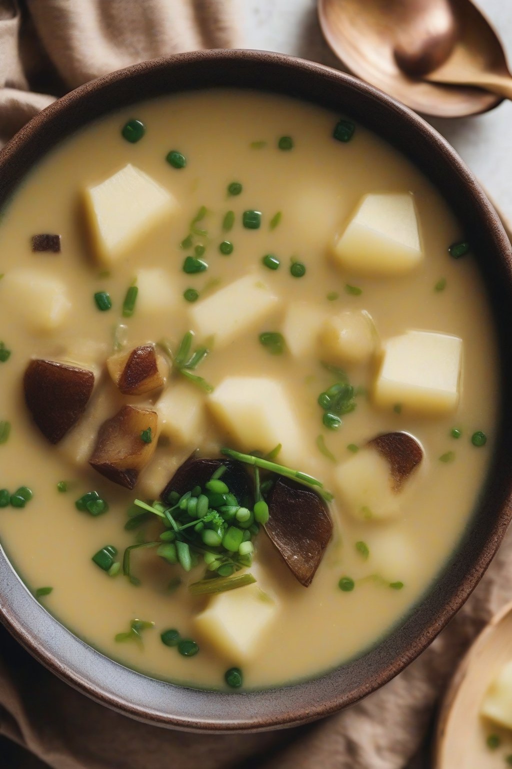 A close-up photo of potato leek miso soup with chunky potatoes in creamy broth, under soft lighting.