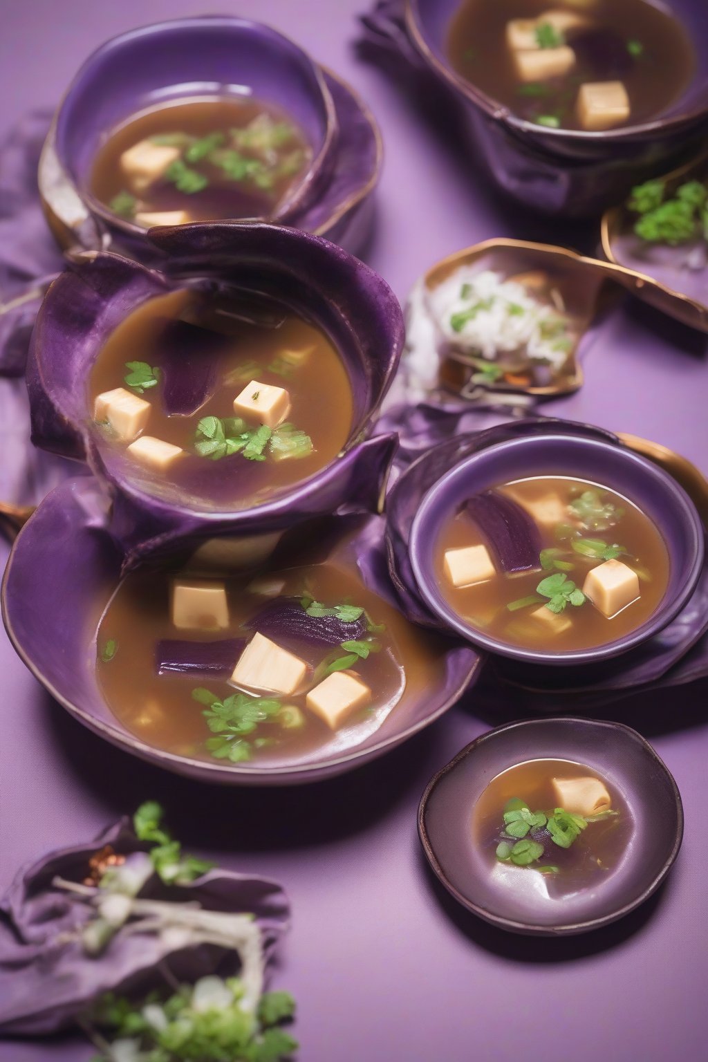 A close-up photo of eggplant miso soup with soft purple cubes in rich broth, under soft lighting.