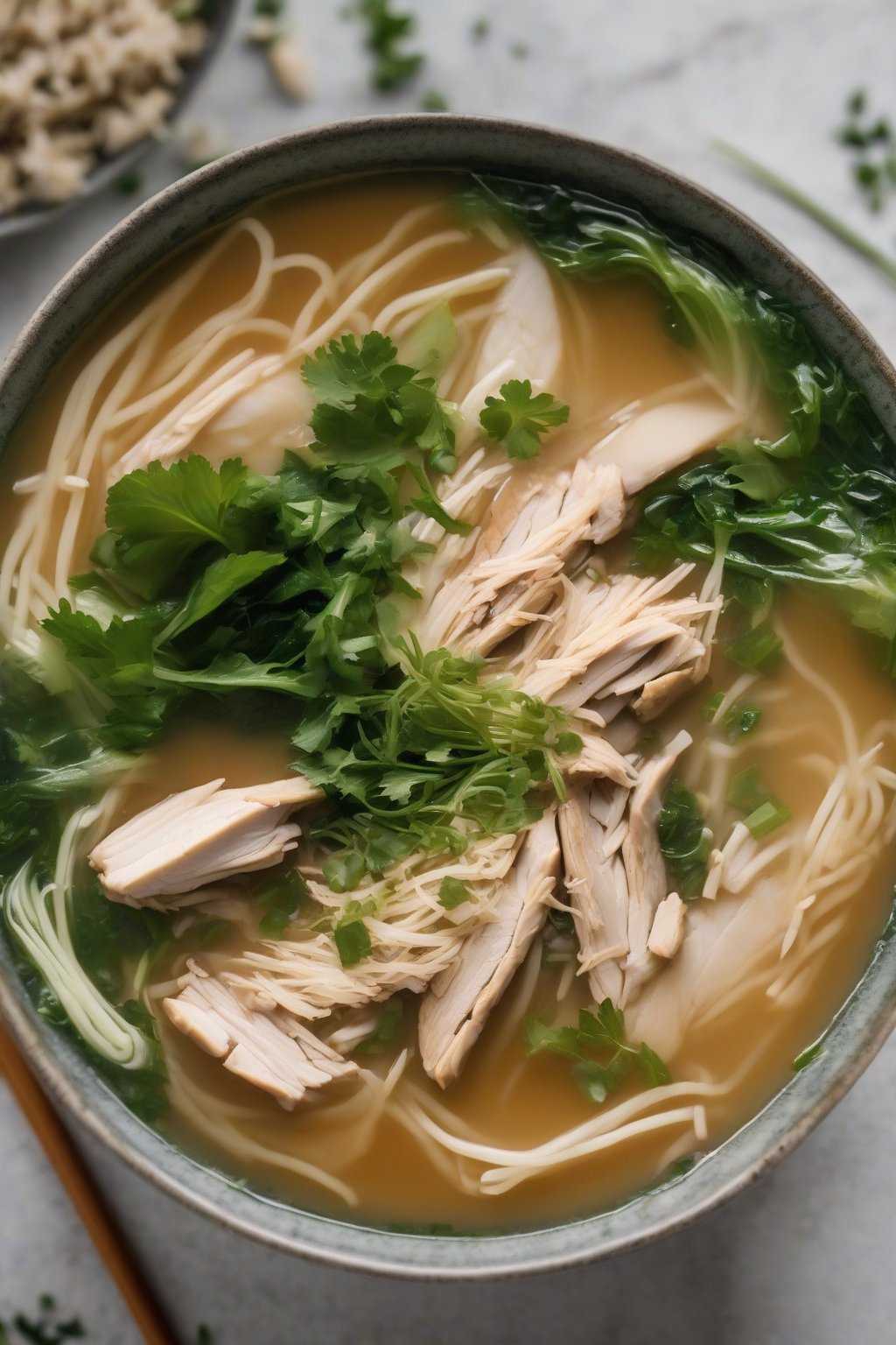 A close-up photo of chicken miso soup with shredded chicken and greens, under soft lighting.