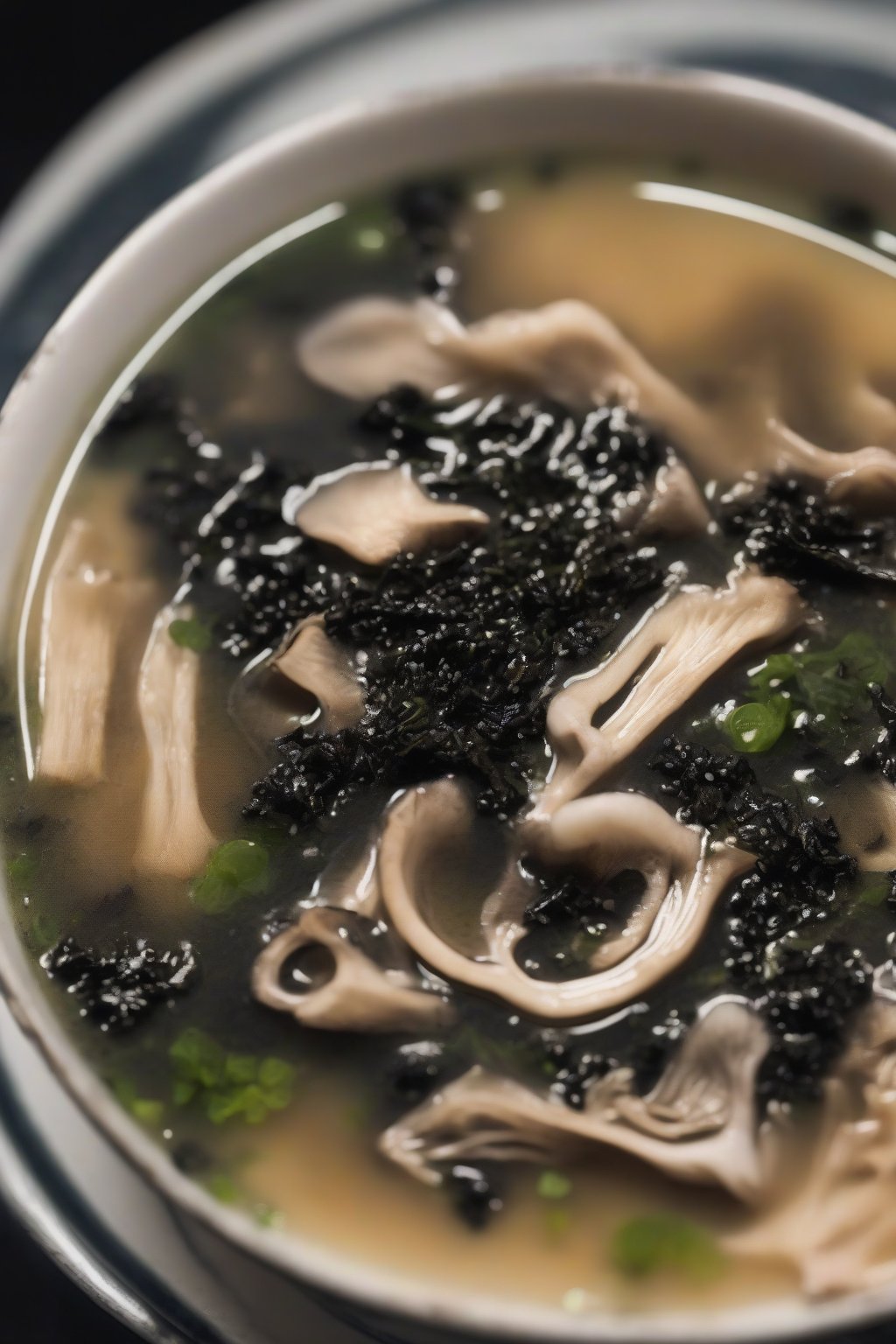A close-up photo of enoki nori miso soup with wispy mushrooms and dark nori, under soft lighting.