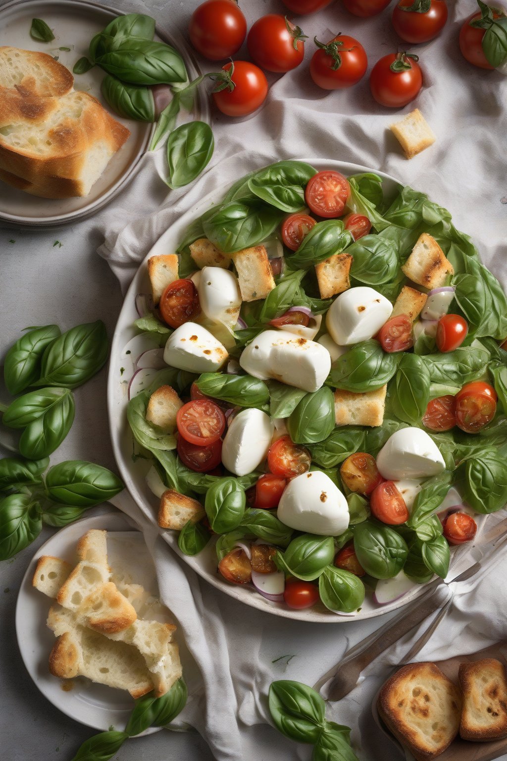 A high-resolution photo of Caprese-inspired garlicky Cesar salad with fresh mozzarella and focaccia croutons under soft lighting.